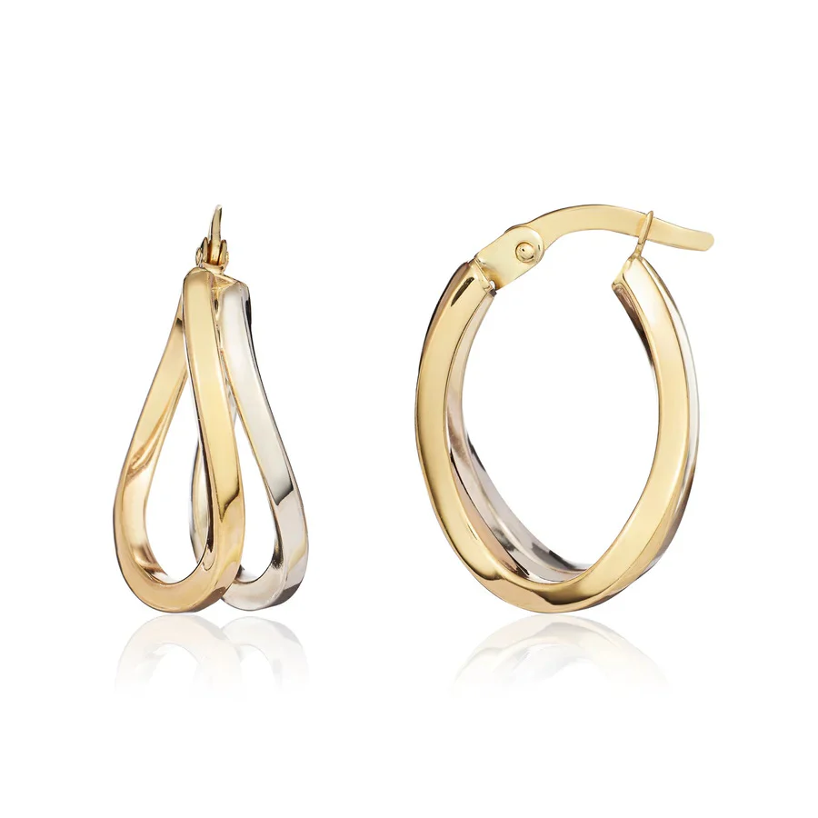 9ct Yellow and White Gold Double Wave Hoop Earrings