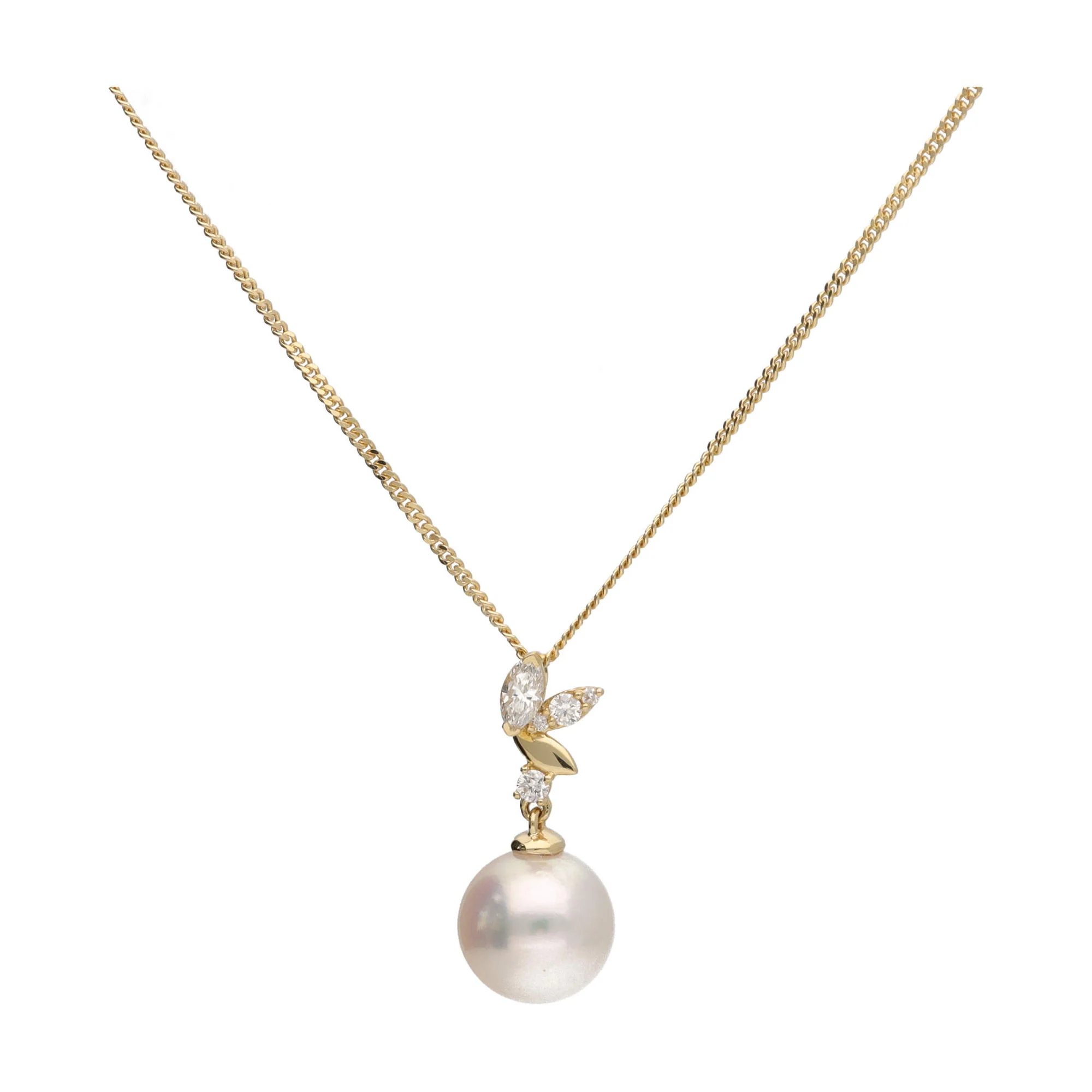 Akoya Pearl and Marquise Diamond 18ct Yellow Gold Necklace - Image 2