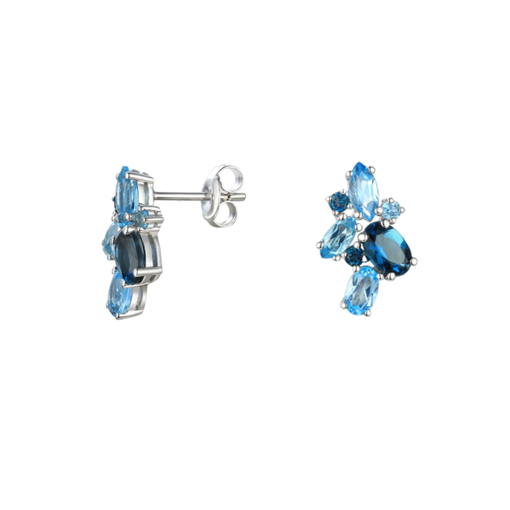 Amore Blue Topaz Multi Stone Cocktail Silver Stud Earrings - Image 2