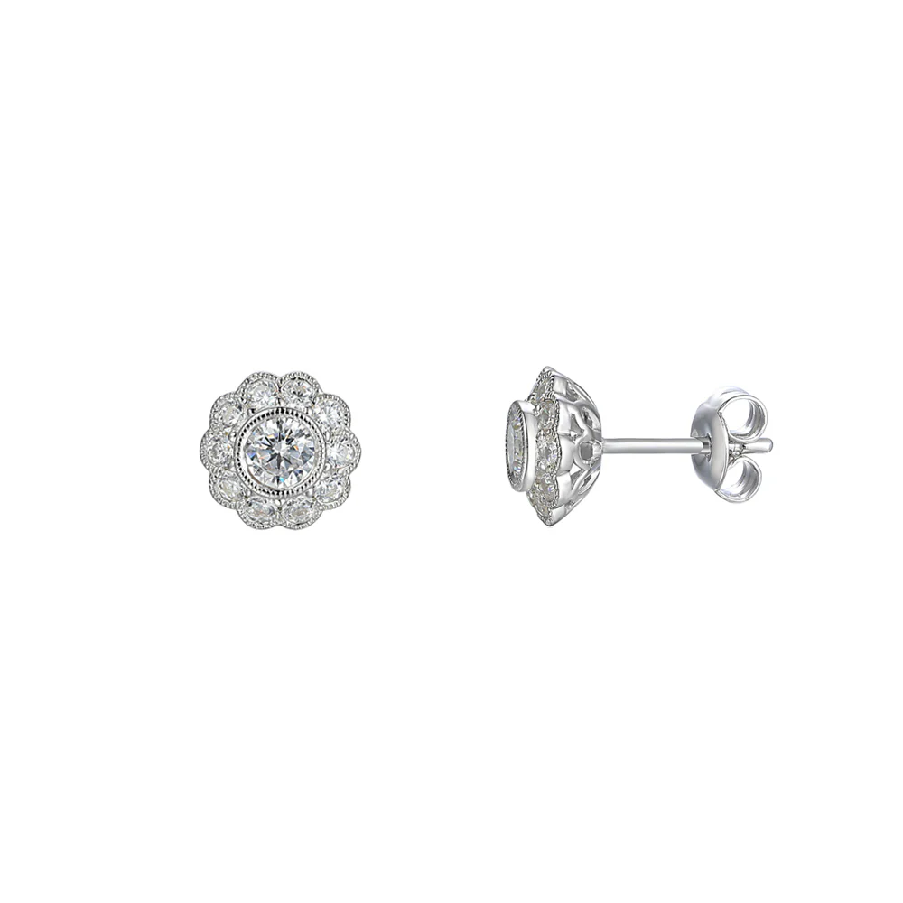 Amore Cubic Zirconia Silver Flower Cluster Earrings - Image 2
