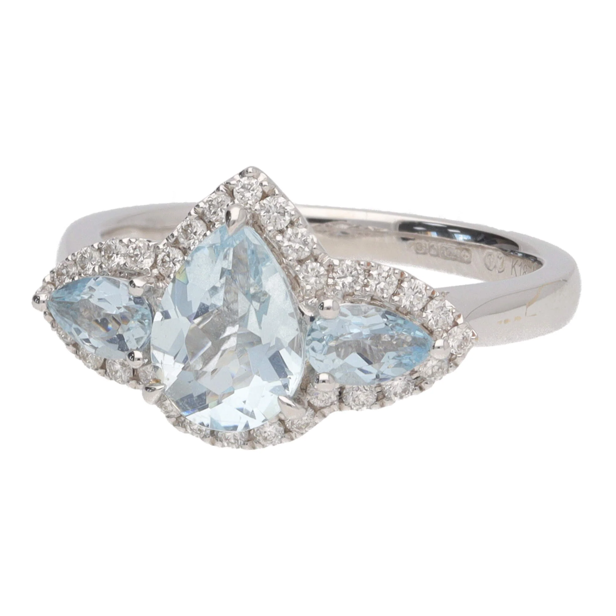 Aquamarine and Diamond Pear 18ct White Gold Three Stone Cluster Ring - Image 4