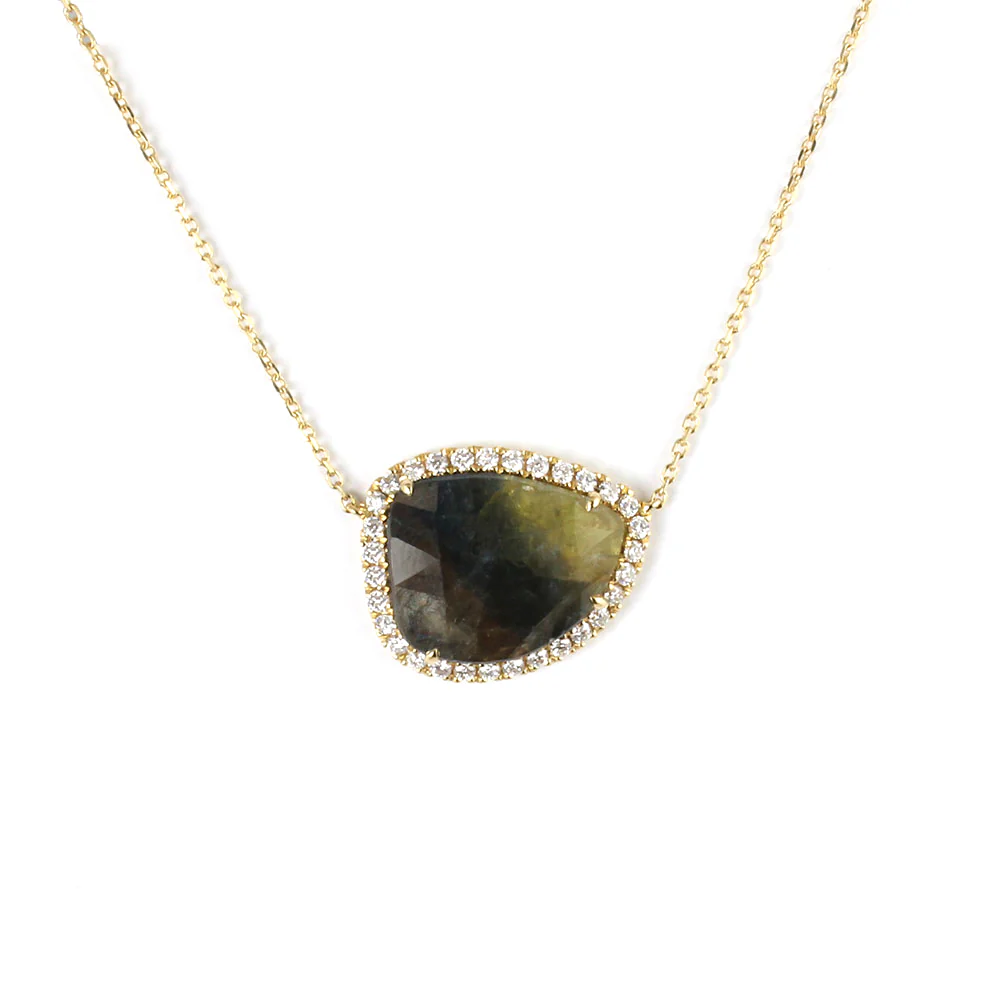 Bi Colour Sapphire and Diamond Fixed Slice Cluster 18ct Yellow Gold Necklace