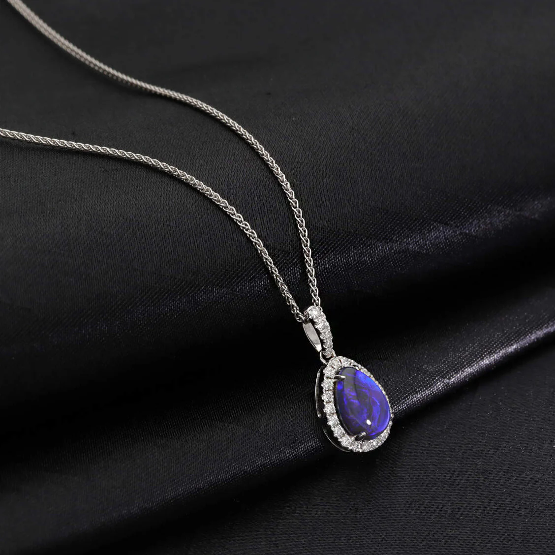 Black Opal and Diamond 18ct White Gold Pear Shaped Cluster Pendant - Image 2