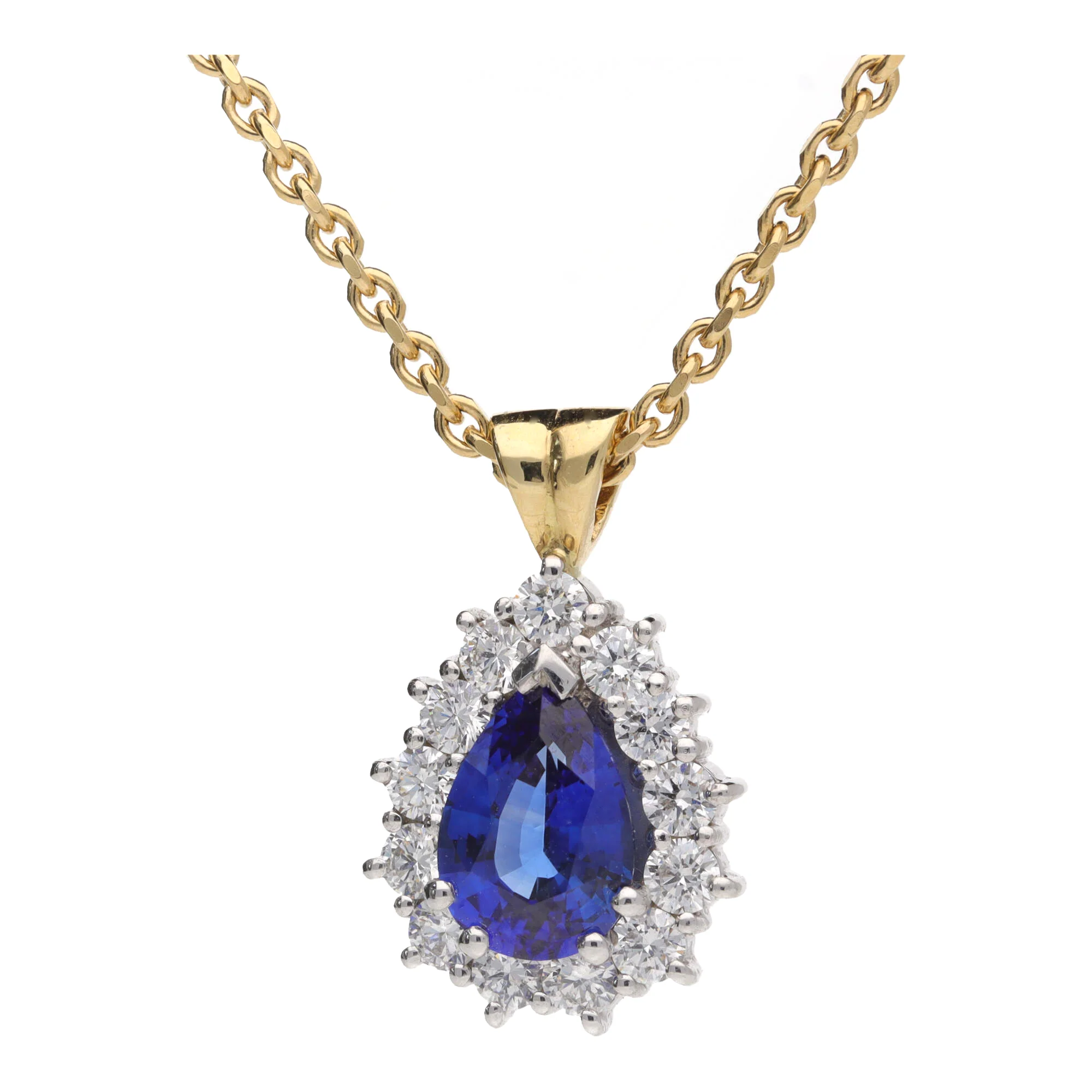 Blue Sapphire and Diamond 18ct Yellow and White Gold Pear Shape Cluster Pendant - Image 2