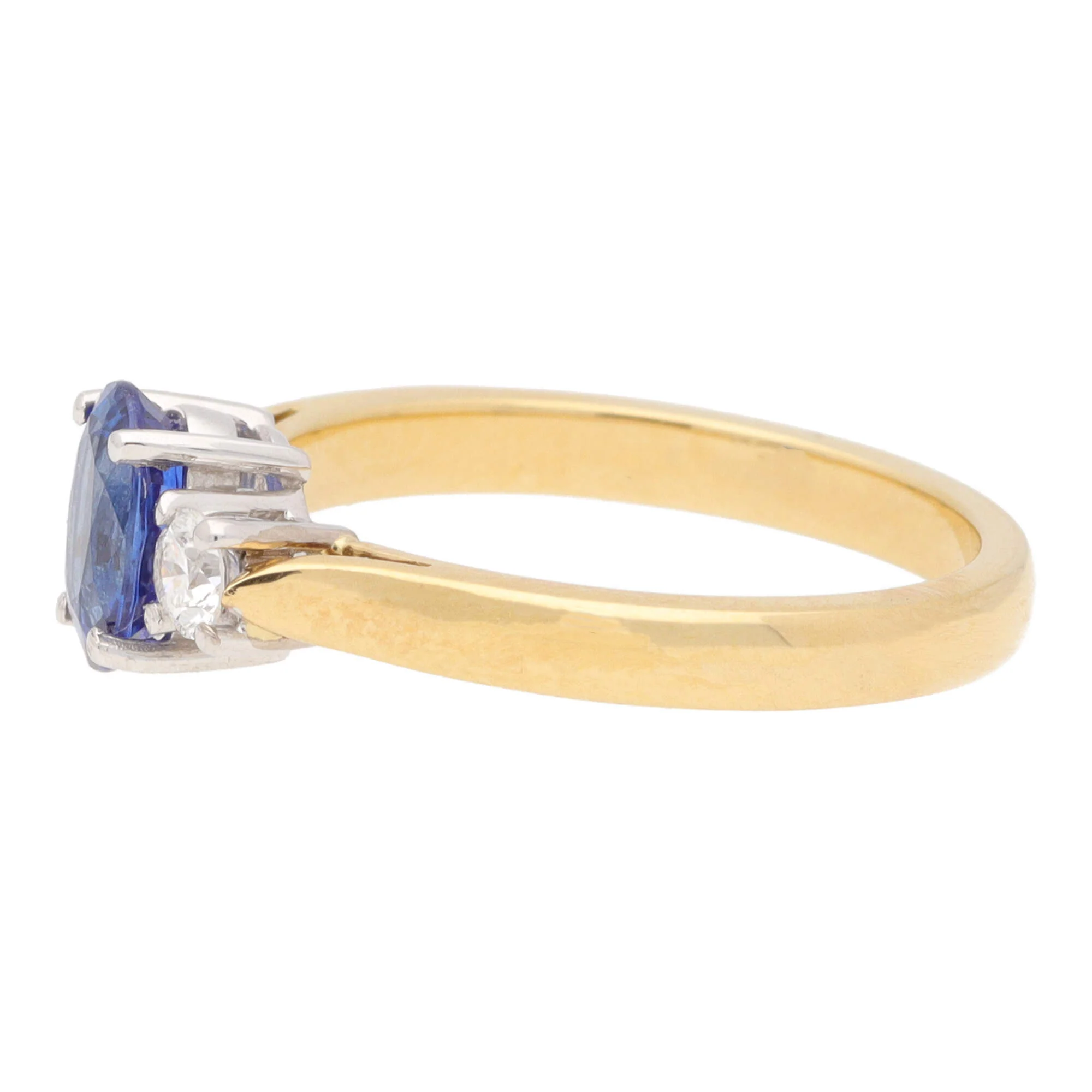 Blue Sapphire and Diamond 18ct Yellow and White Gold Three Stone Ring - Image 2