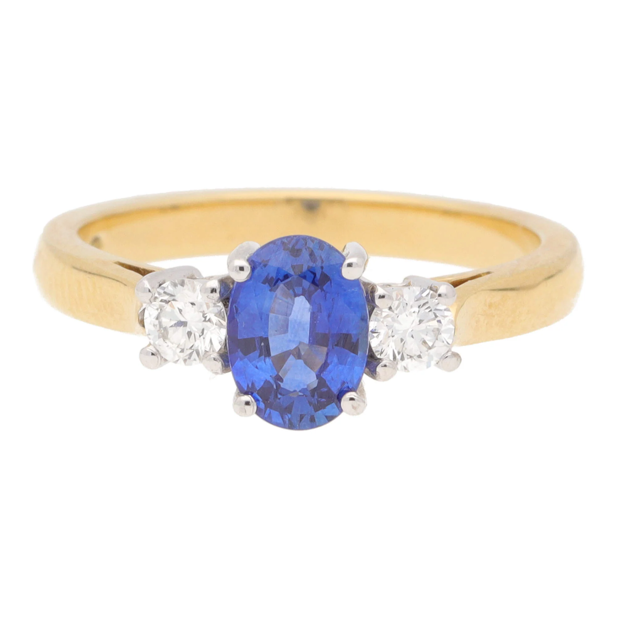 Blue Sapphire and Diamond 18ct Yellow and White Gold Three Stone Ring - Image 4