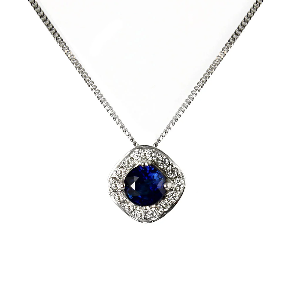 Blue Sapphire and Diamond Rhombus Shape Cluster Pendant