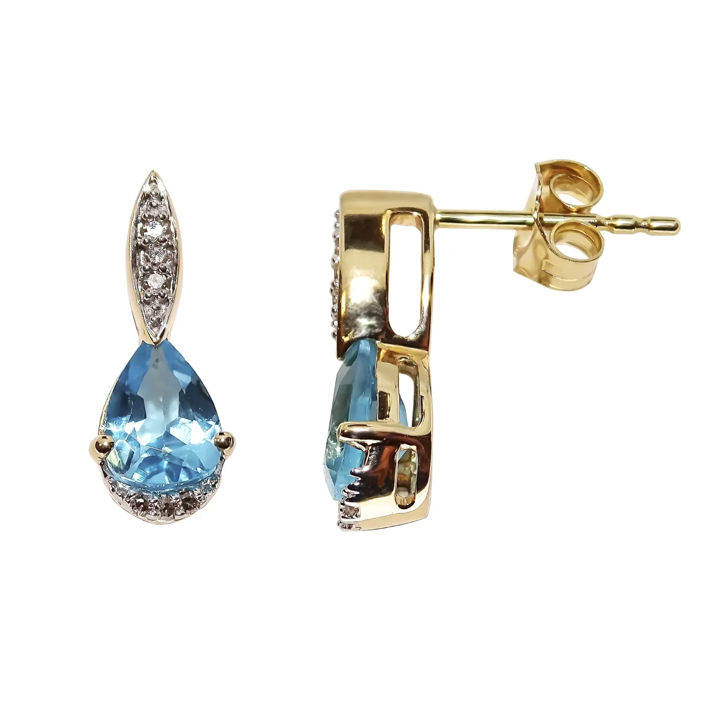 Blue Topaz and Diamond 9ct Yellow Gold Stud Earrings - Image 2