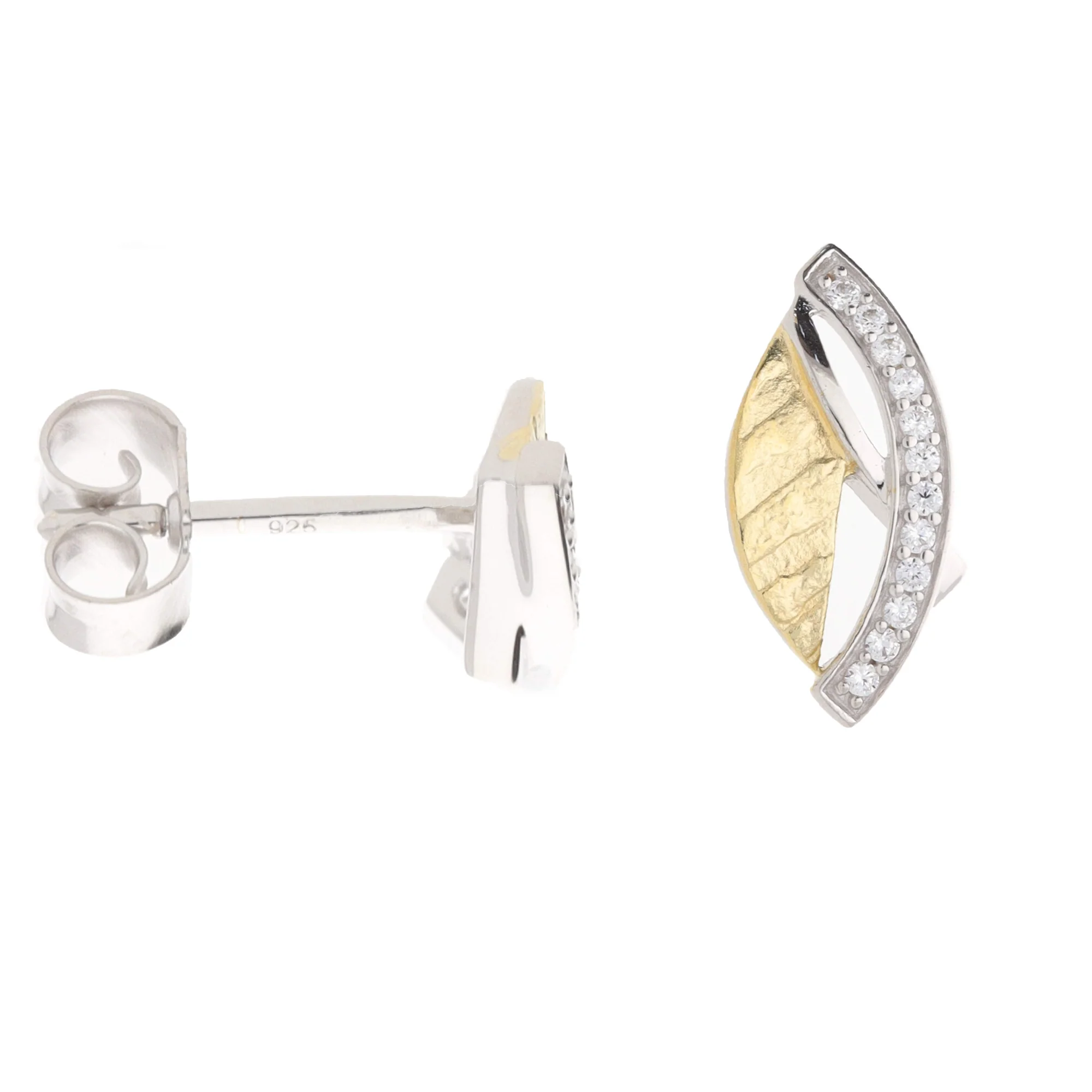 Cubic Zirconia Silver and Yellow Gold Plated Leaf Stud Earrings - Image 2