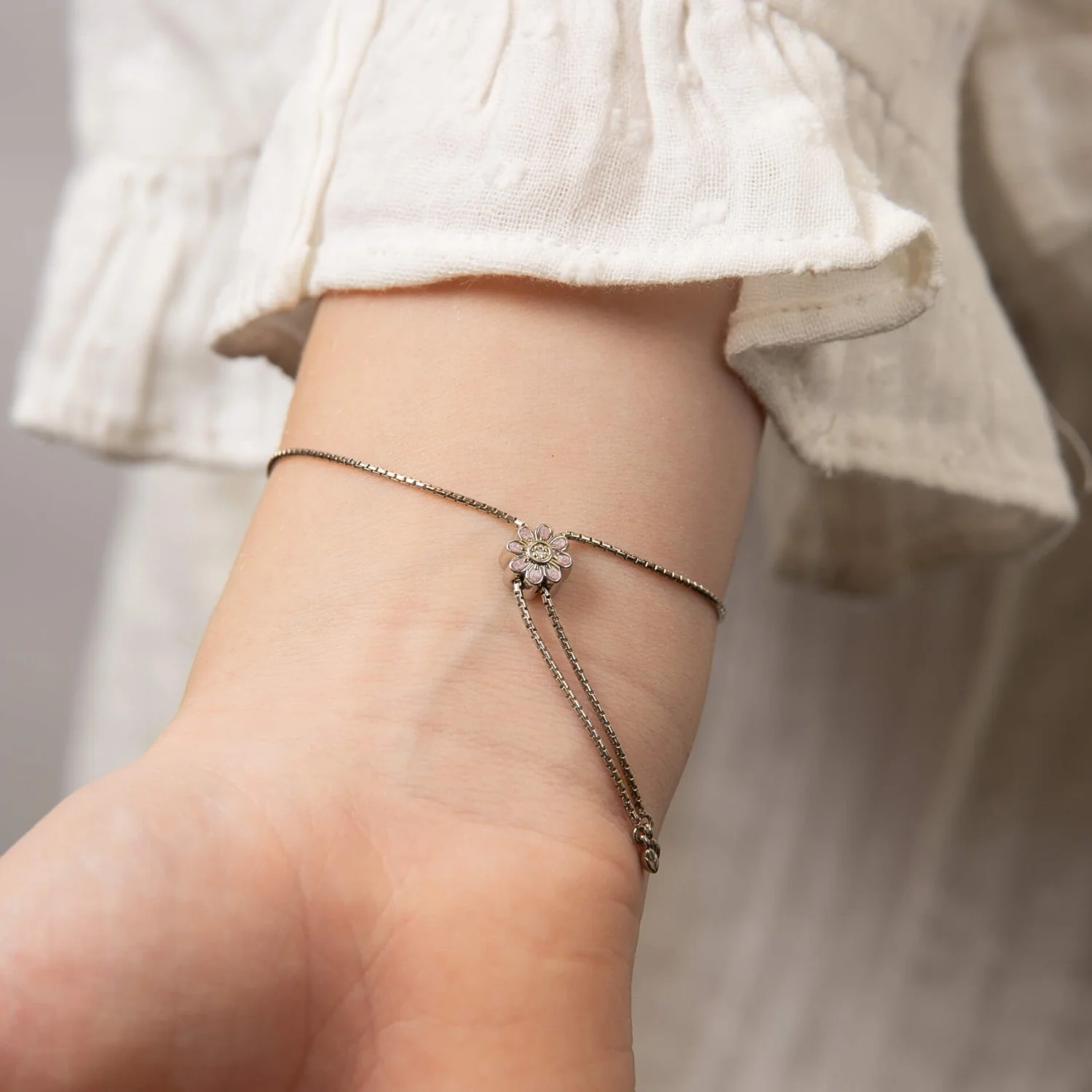 D for Diamond Pink Flower Toggle Silver Bracelet - Image 2