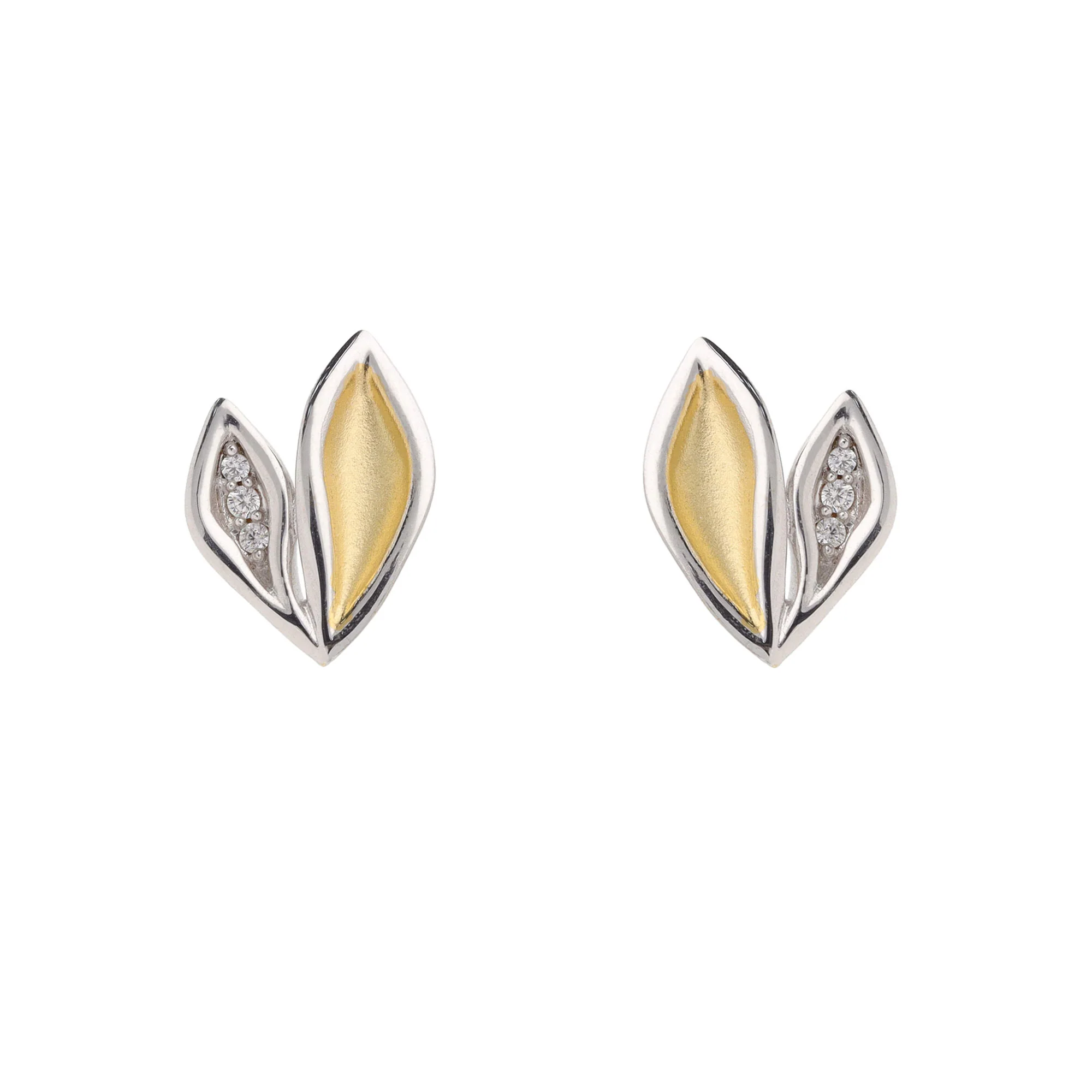 Double Leaf Cubic Zirconia Silver Yellow Gold Plated Stud Earrings