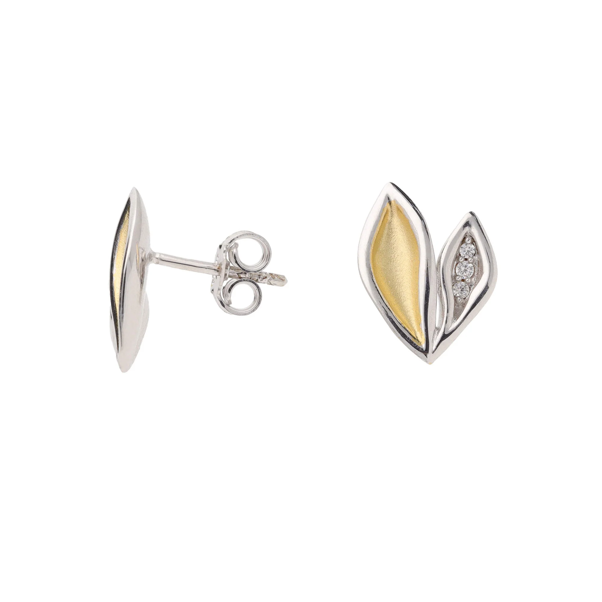 Double Leaf Cubic Zirconia Silver Yellow Gold Plated Stud Earrings - Image 2