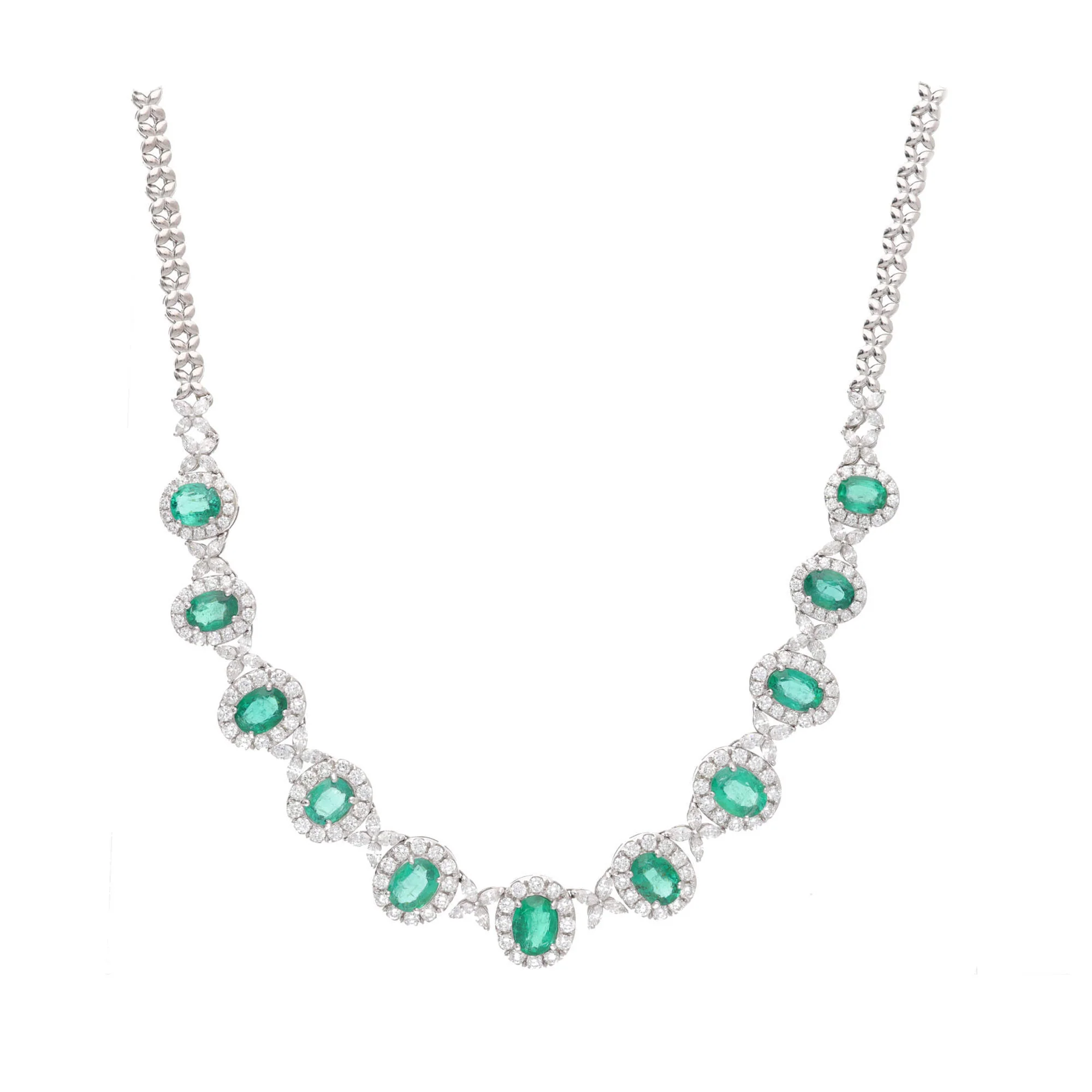 Emerald and Diamond 18ct White Gold Cluster Necklace - Image 2