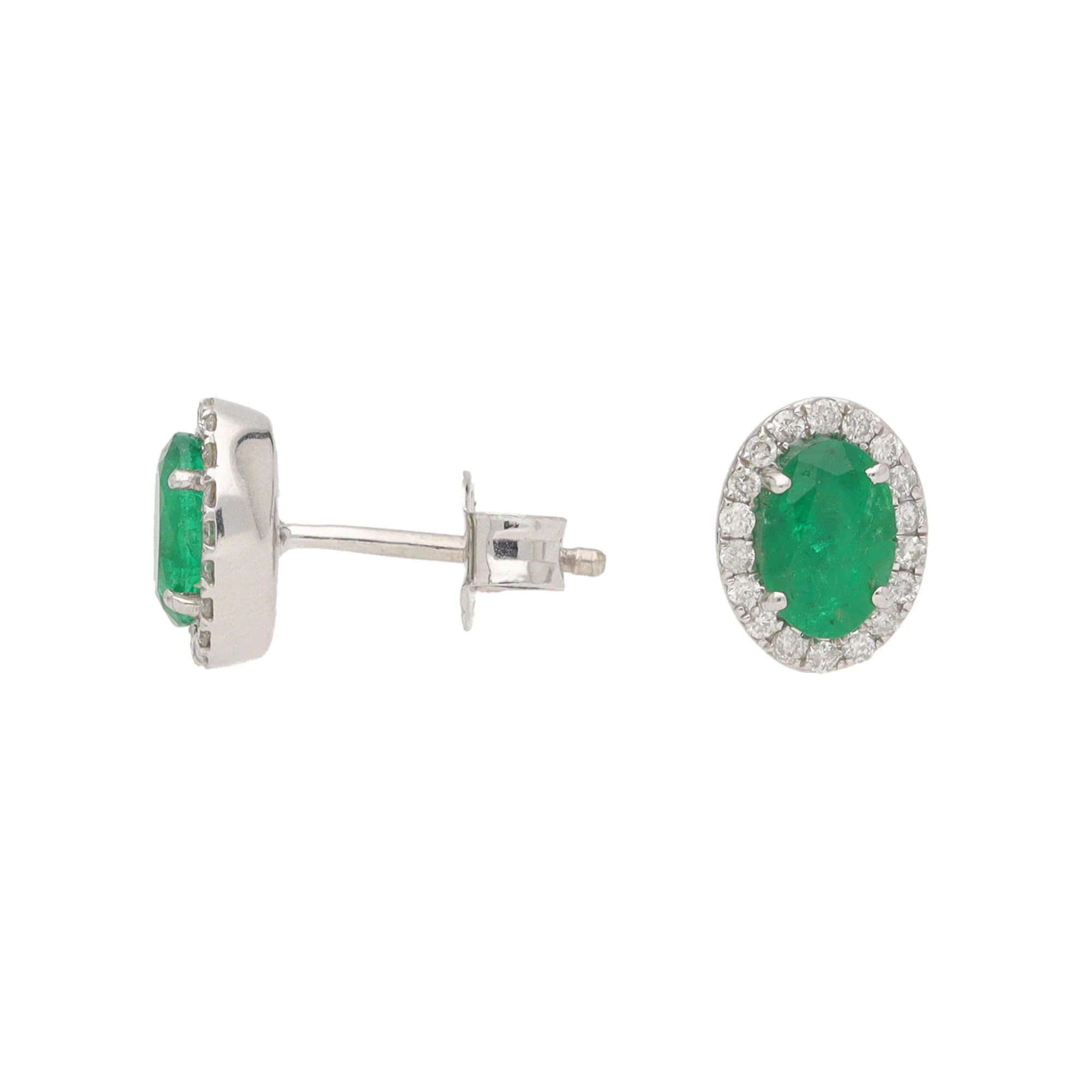 Emerald and Diamond 18ct White Gold Cluster Stud Earrings - Image 2