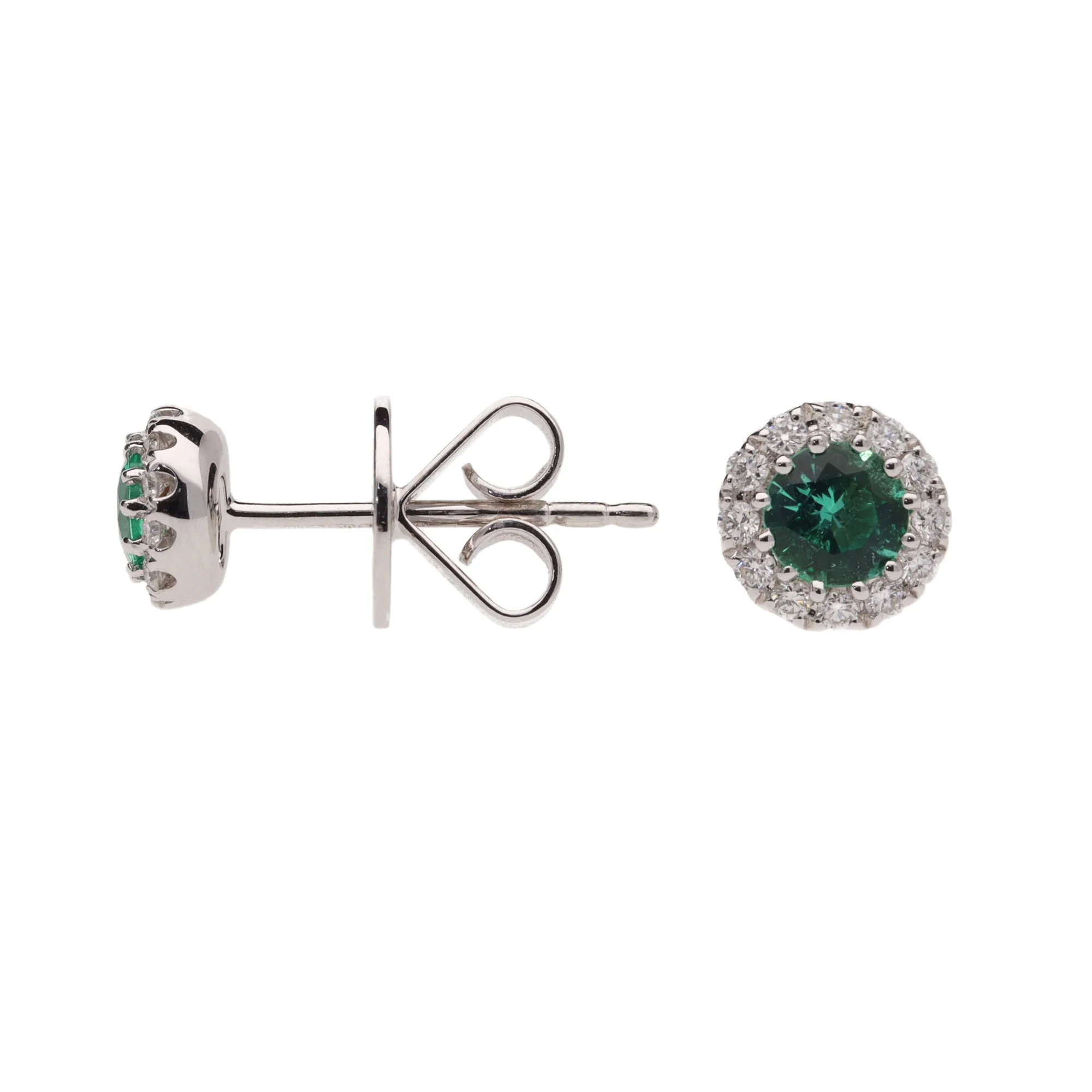 Emerald and Diamond 18ct White Gold Cluster Stud Earrings - Image 2