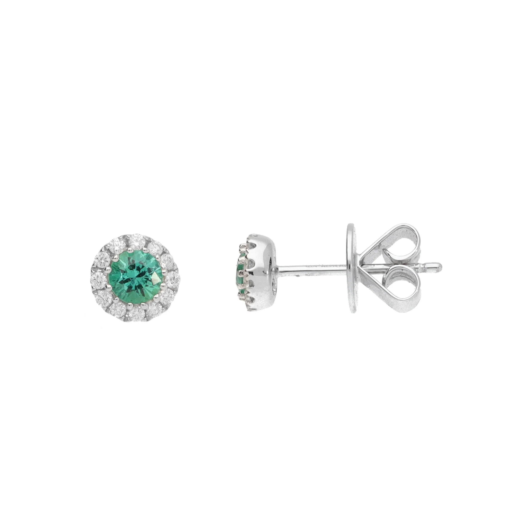 Emerald and Diamond 18ct White Gold Round Cluster Stud Earrings - Image 2