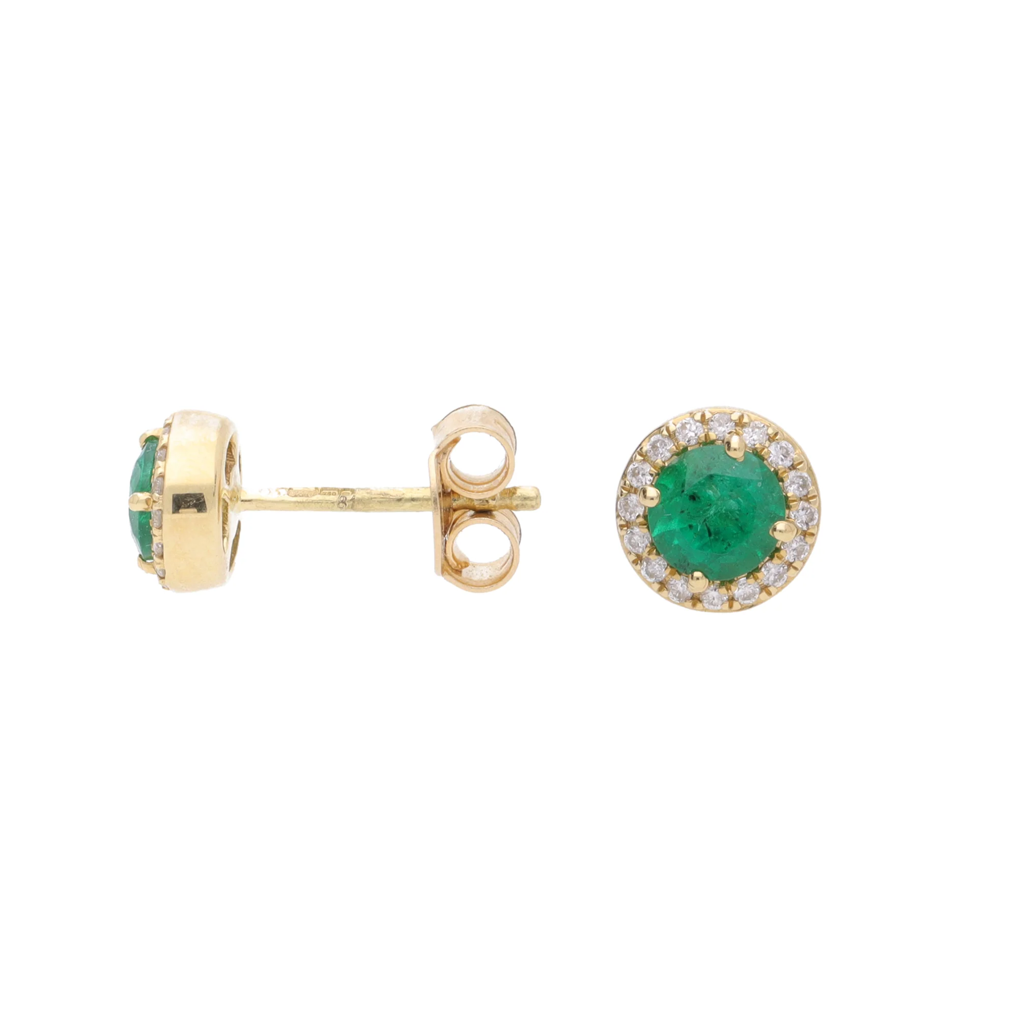 Emerald and Diamond 18ct Yellow Gold Cluster Stud Earrings - Image 2