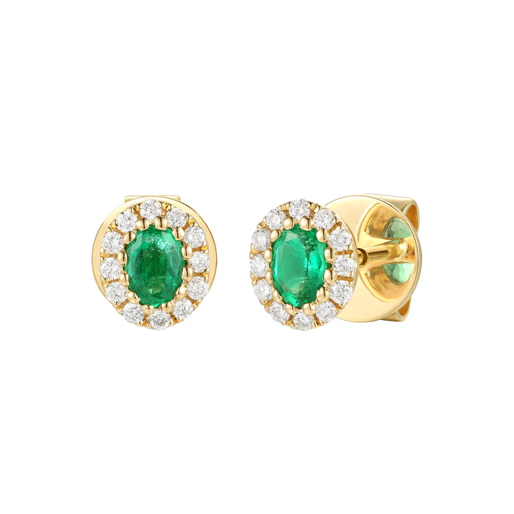 Emerald and Diamond 18ct Yellow Gold Oval Cluster Stud Earrings - Image 2