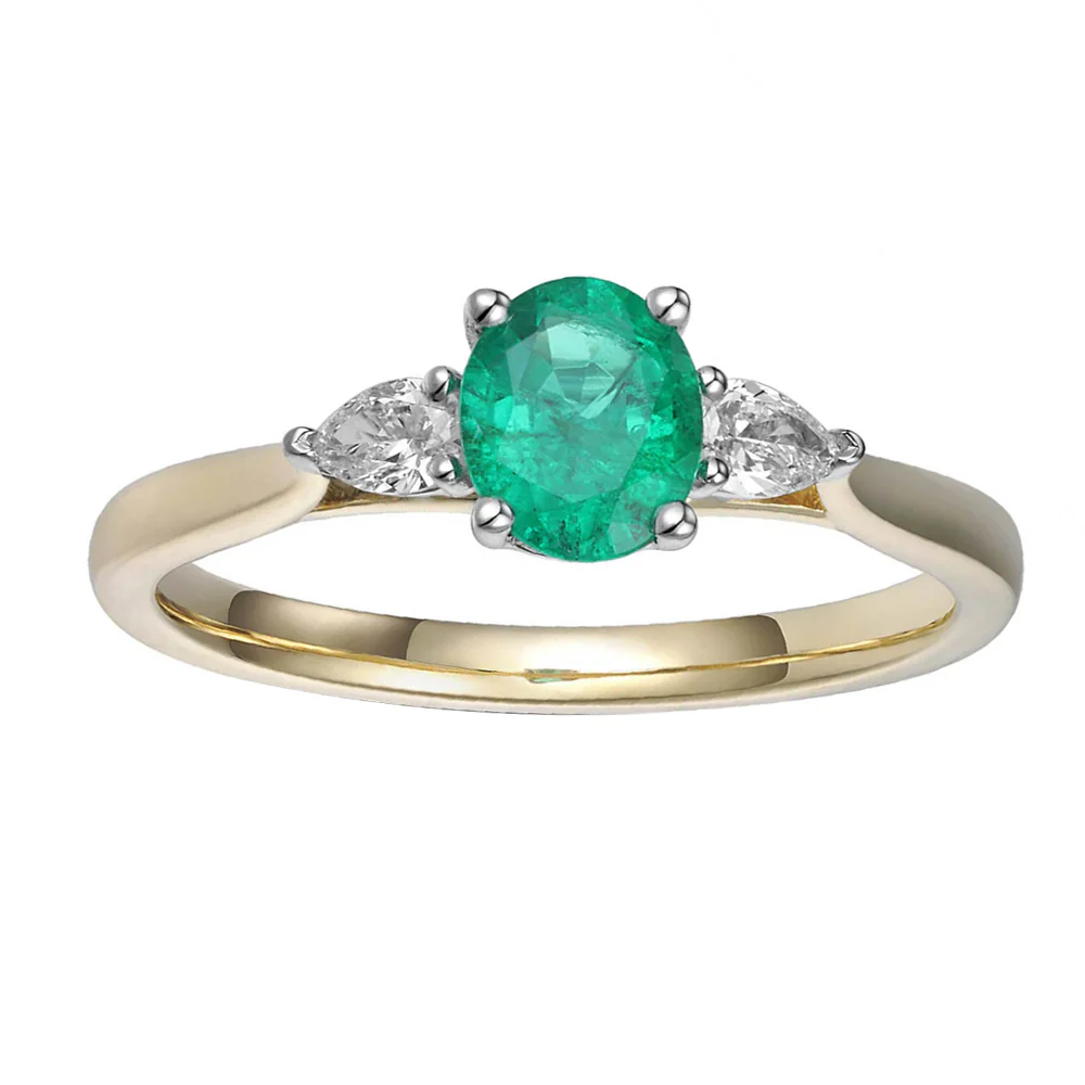 Emerald and Diamond 18ct Yellow Gold Oval Three Stone Ring - Image 2