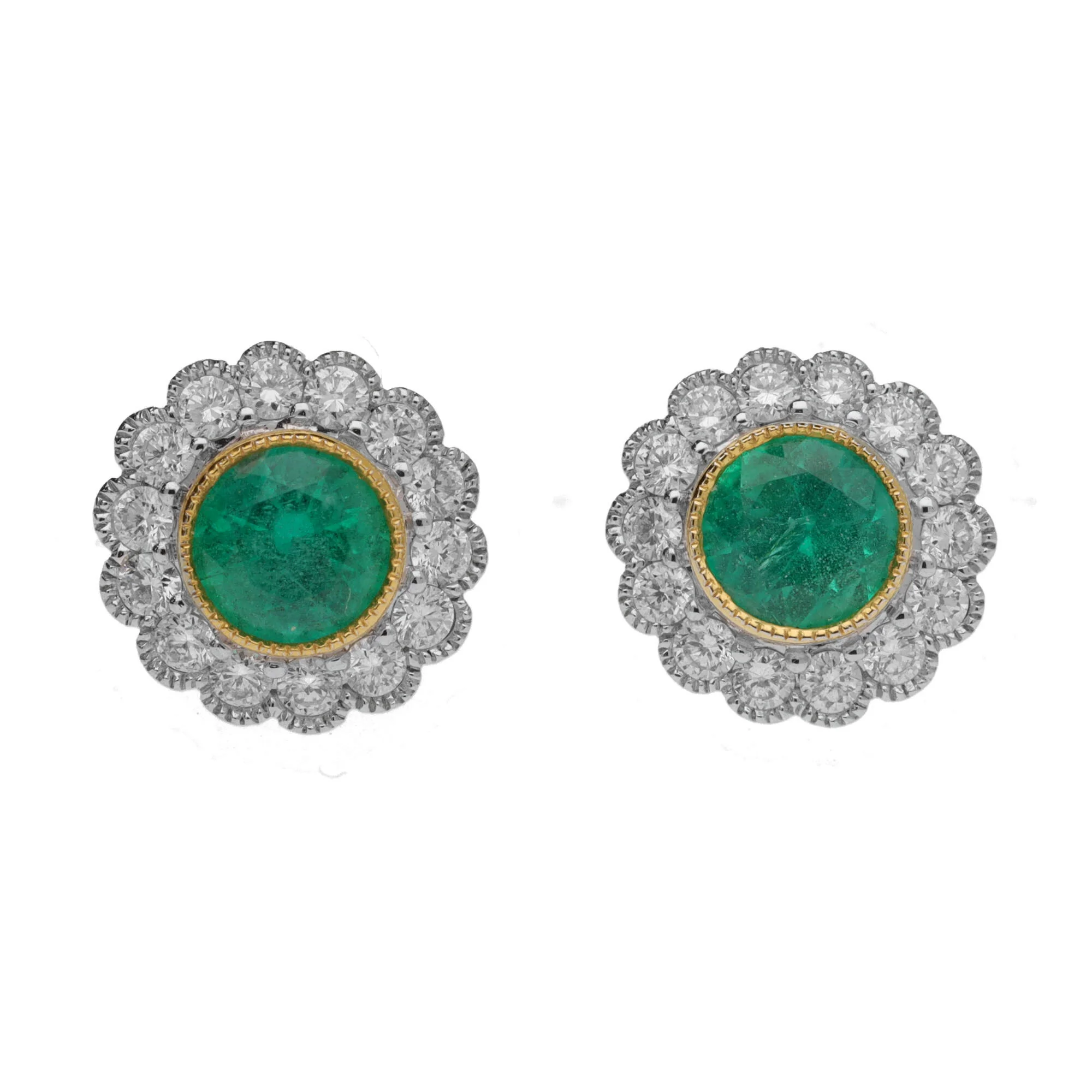 Emerald and Diamond Scalloped 18ct Yellow and White Gold Cluster Earrings
