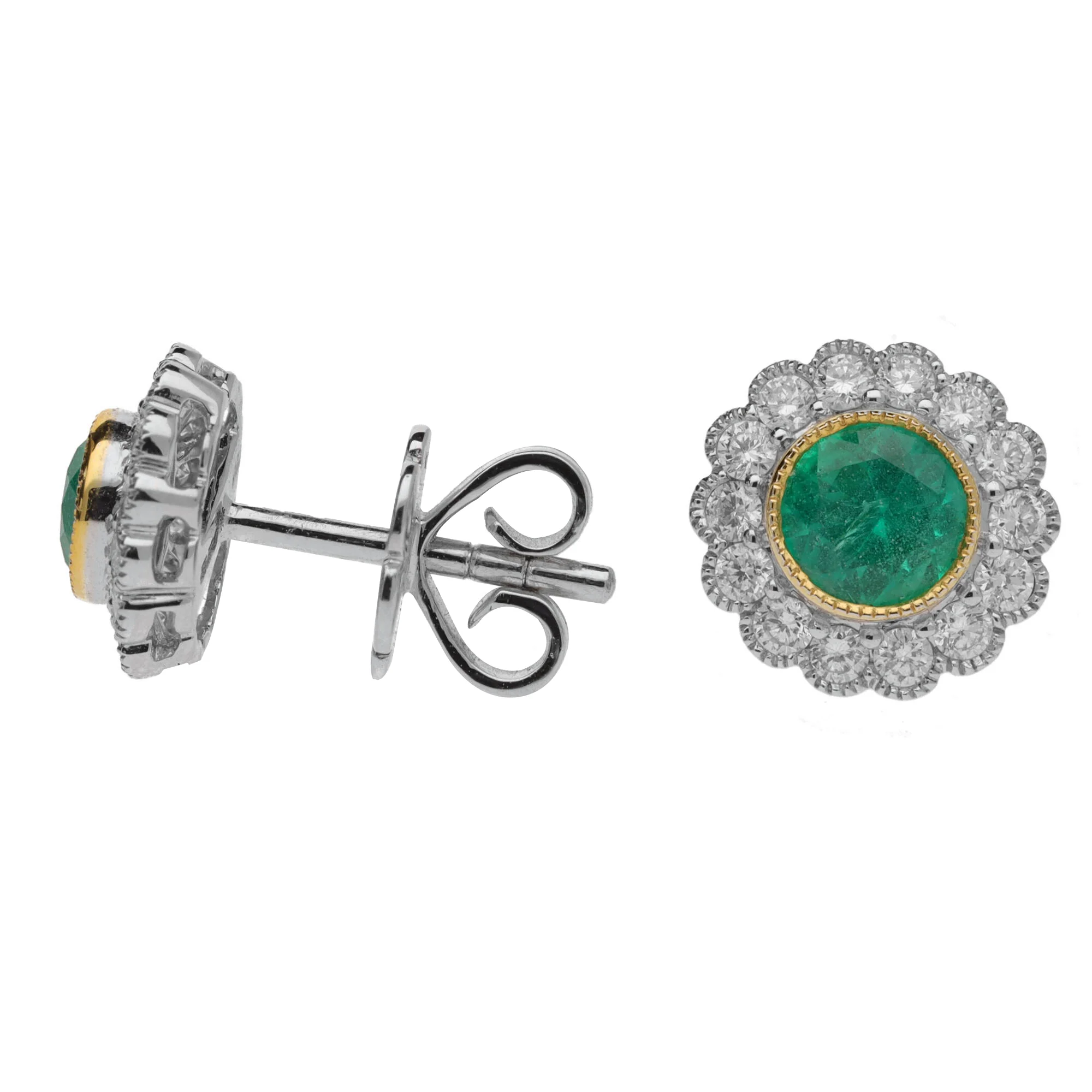 Emerald and Diamond Scalloped 18ct Yellow and White Gold Cluster Earrings - Image 2
