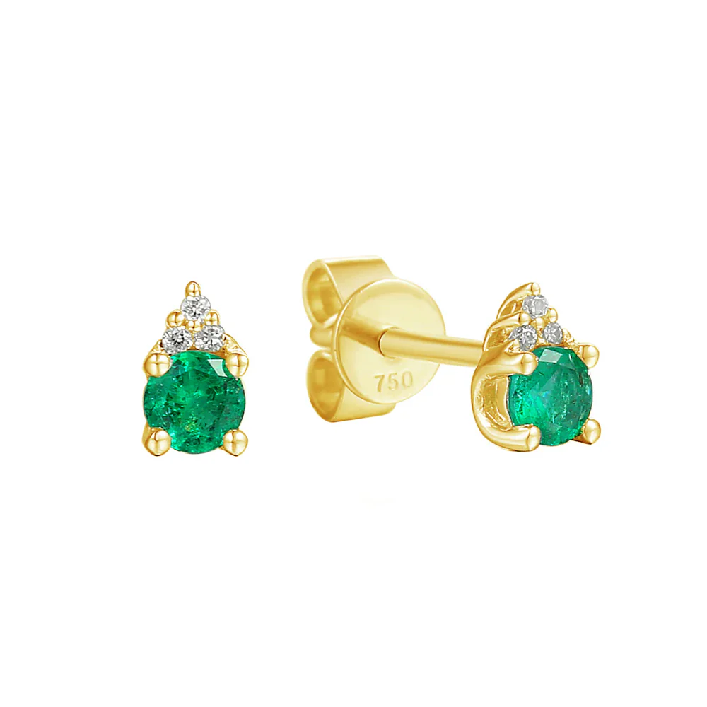 Emerald and Diamond Trefoil 18ct Yellow Gold Stud Earrings - Image 2