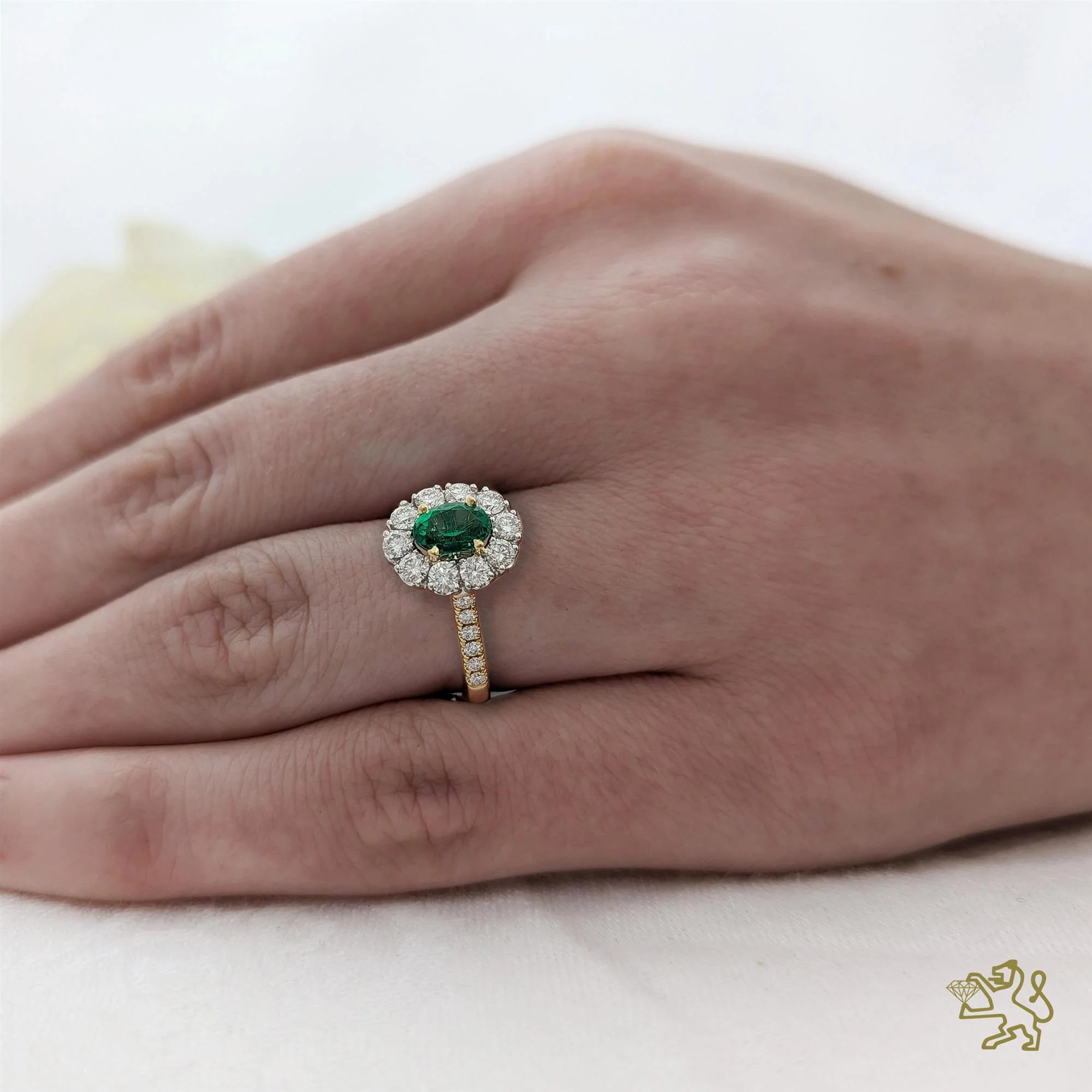Evie Oval Royale Halo 0.68ct Emerald Yellow Gold/Platinum Ring - Image 2