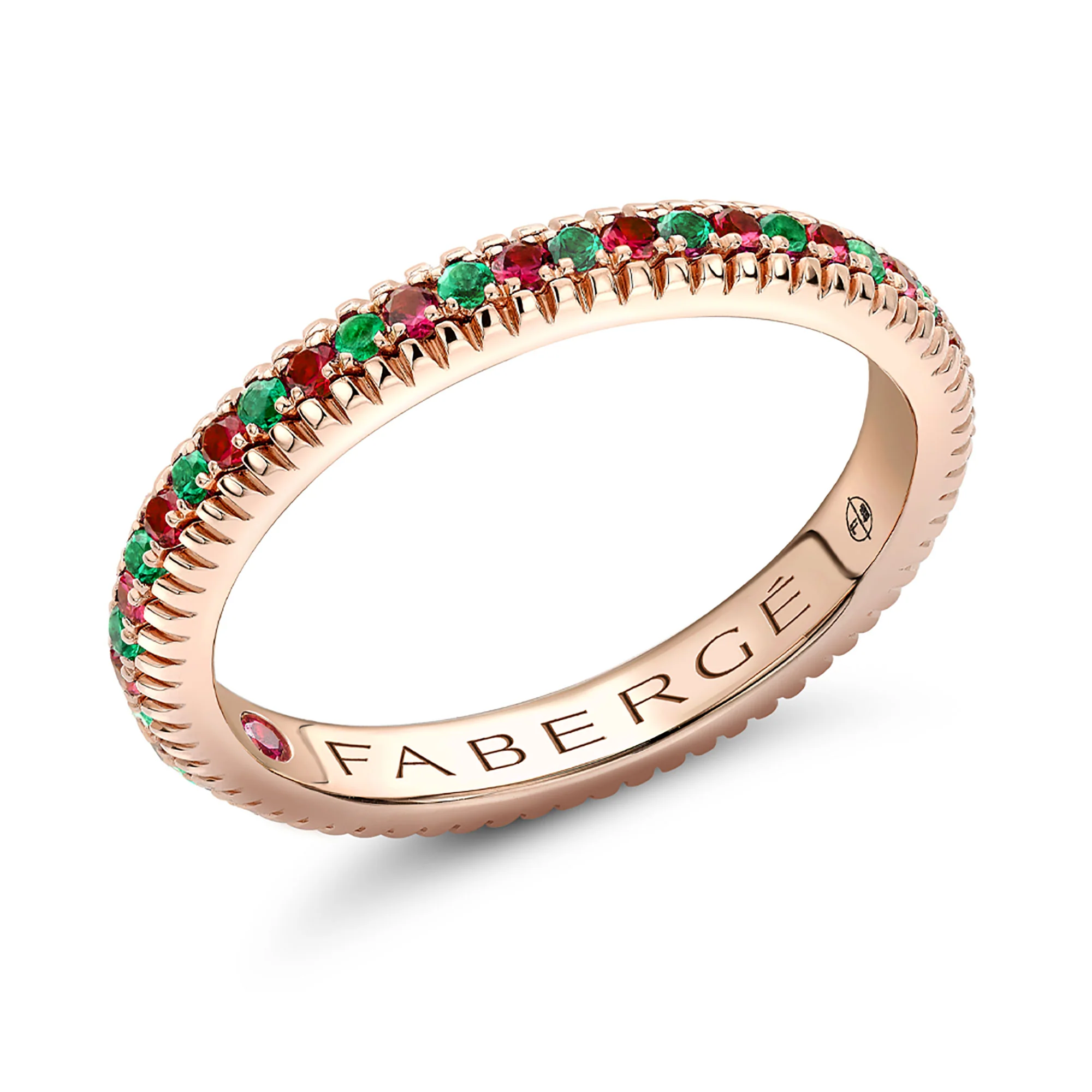 Fabergé Love by Fabergé Fluted Ring 18ct Rose Gold Ruby and Emerald Set (N)