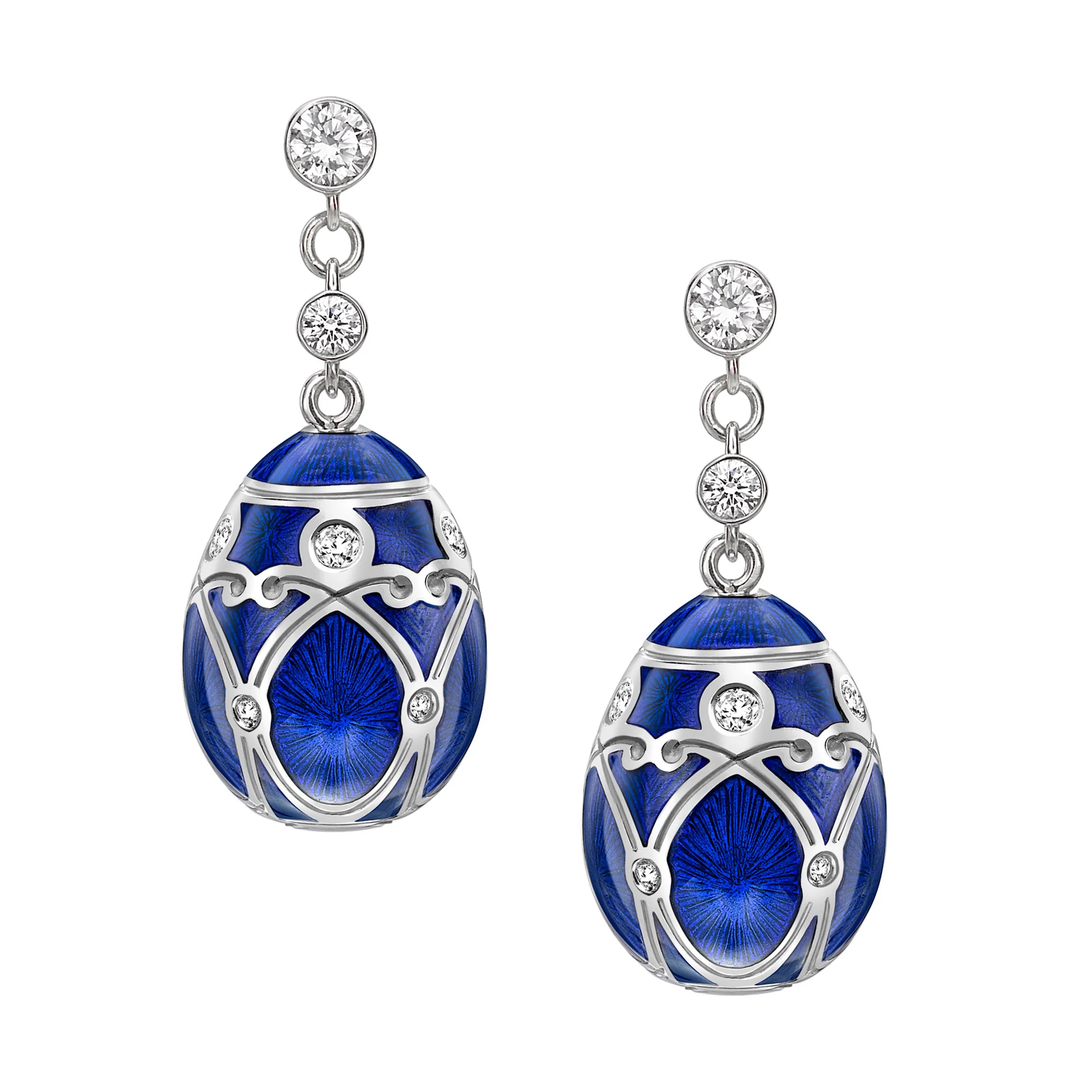 Fabergé Heritage Forever Palais Egg Drop Earrings 18ct White Gold Royal Blue Guilloché Enamel
