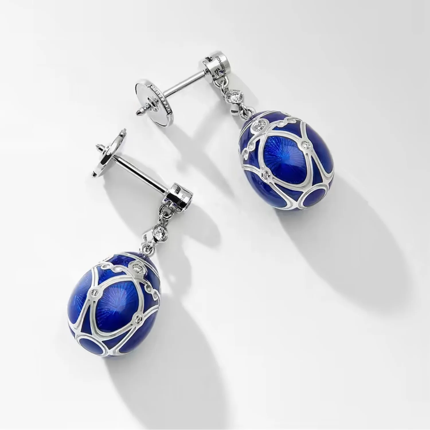 Fabergé Heritage Forever Palais Egg Drop Earrings 18ct White Gold Royal Blue Guilloché Enamel - Image 2