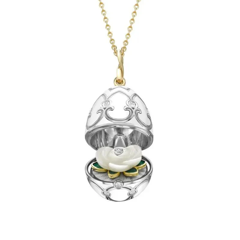 Fabergé Heritage Surprise Rose Pendant 18ct Yellow and White Gold Diamond and Enamel Carved Mother of Pearl