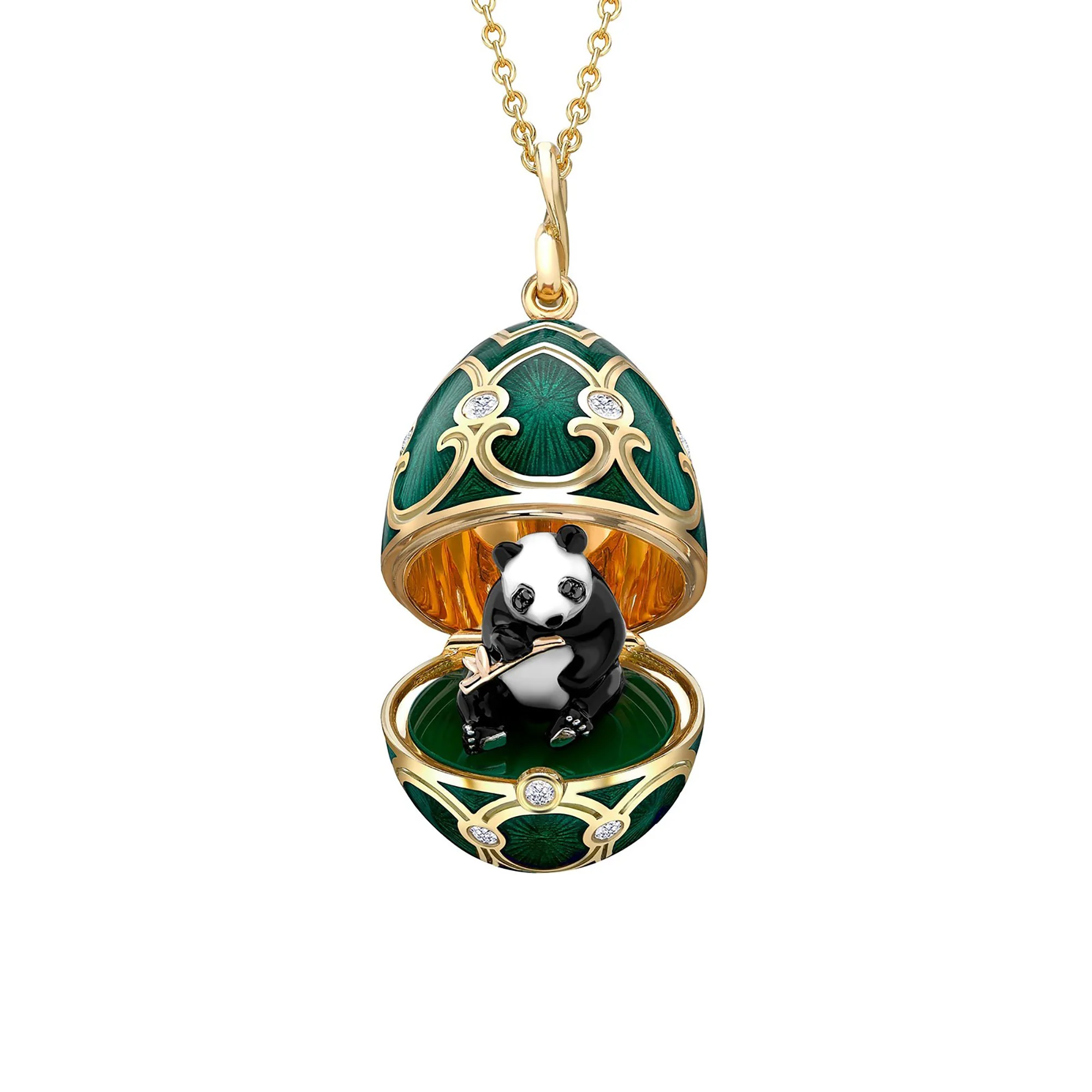 Fabergé Heritage Surprise Panda Pendant 18ct Yellow Gold Diamond & Green Guilloché Enamel
