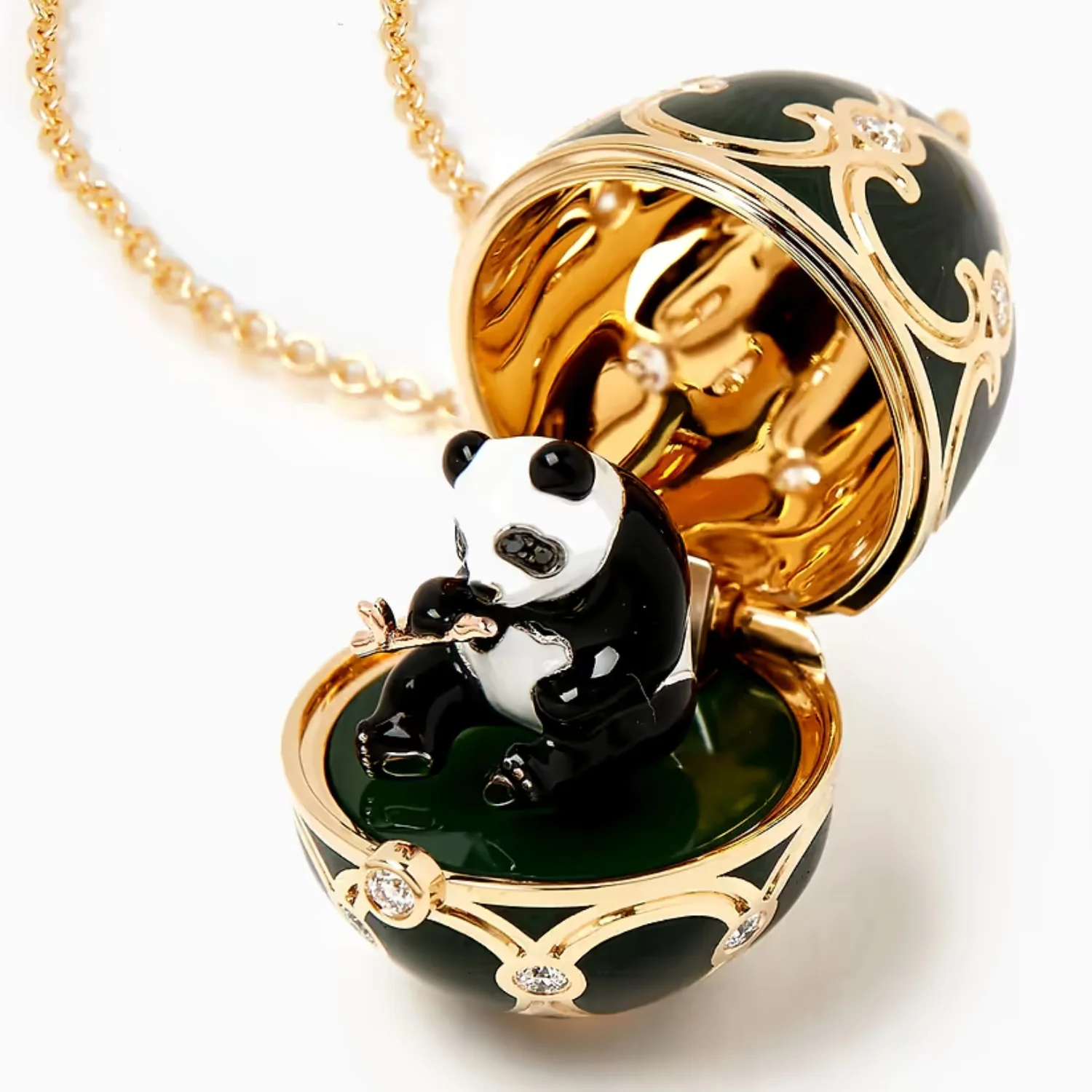 Fabergé Heritage Surprise Panda Pendant 18ct Yellow Gold Diamond & Green Guilloché Enamel - Image 3