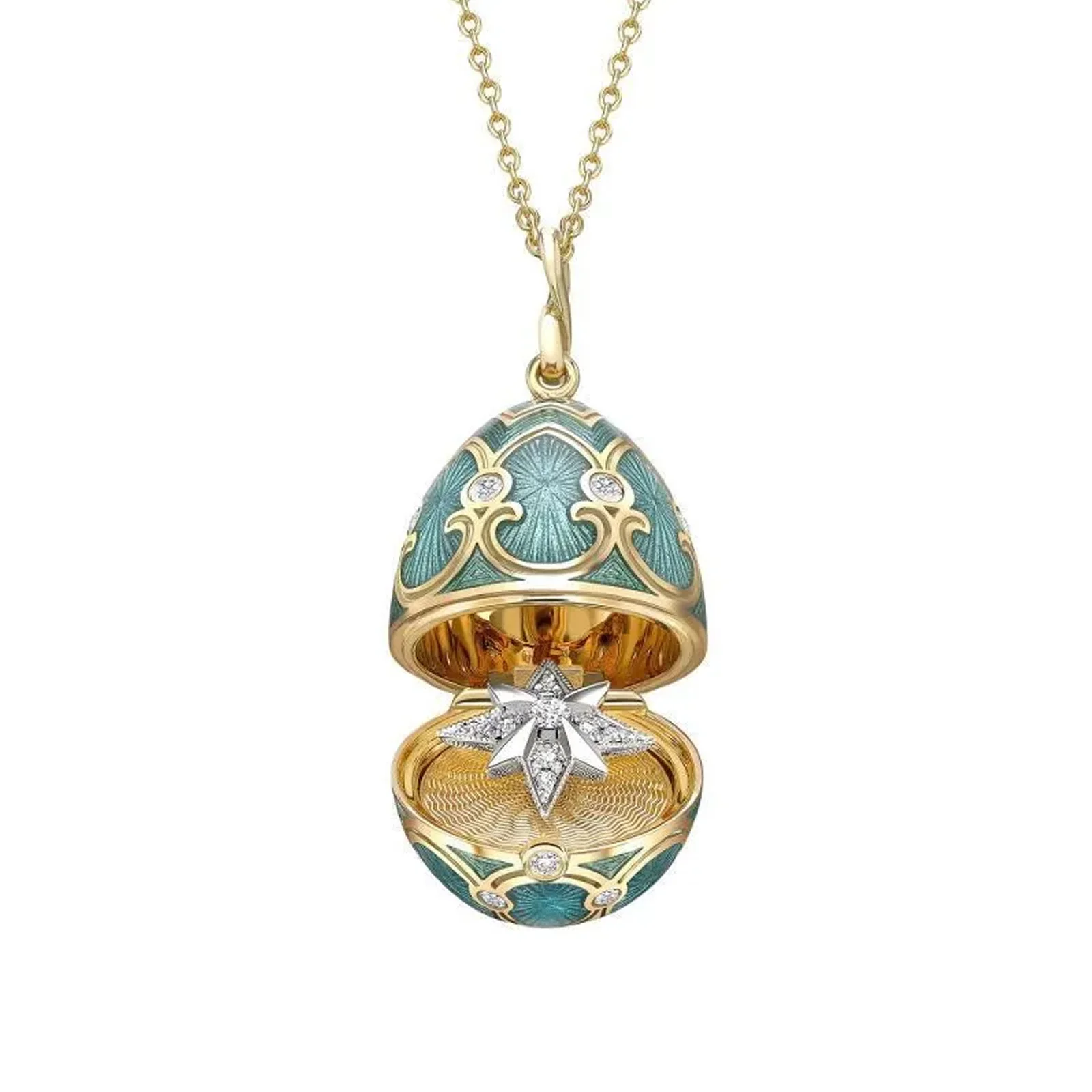 Fabergé Heritage Surprise Trembling Star Pendant 18ct Yellow Gold Diamond & Teal Guilloché Enamel