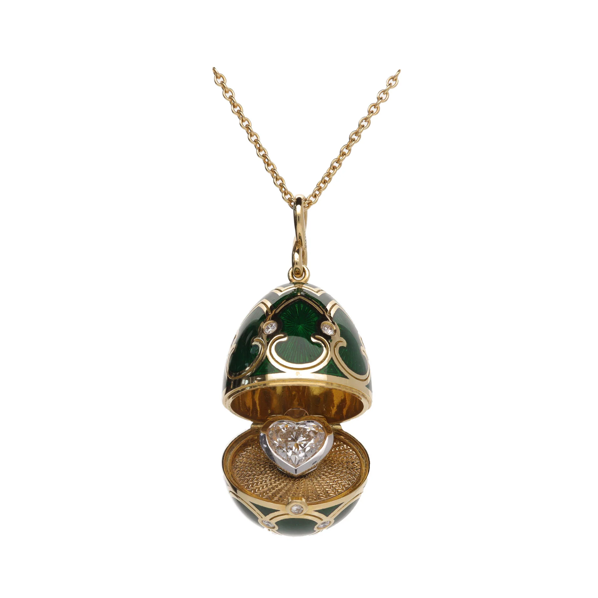 Fabergé Heritage Surprise Heart Diamond Pendant 18ct Yellow Gold Green Guilloché Enamel