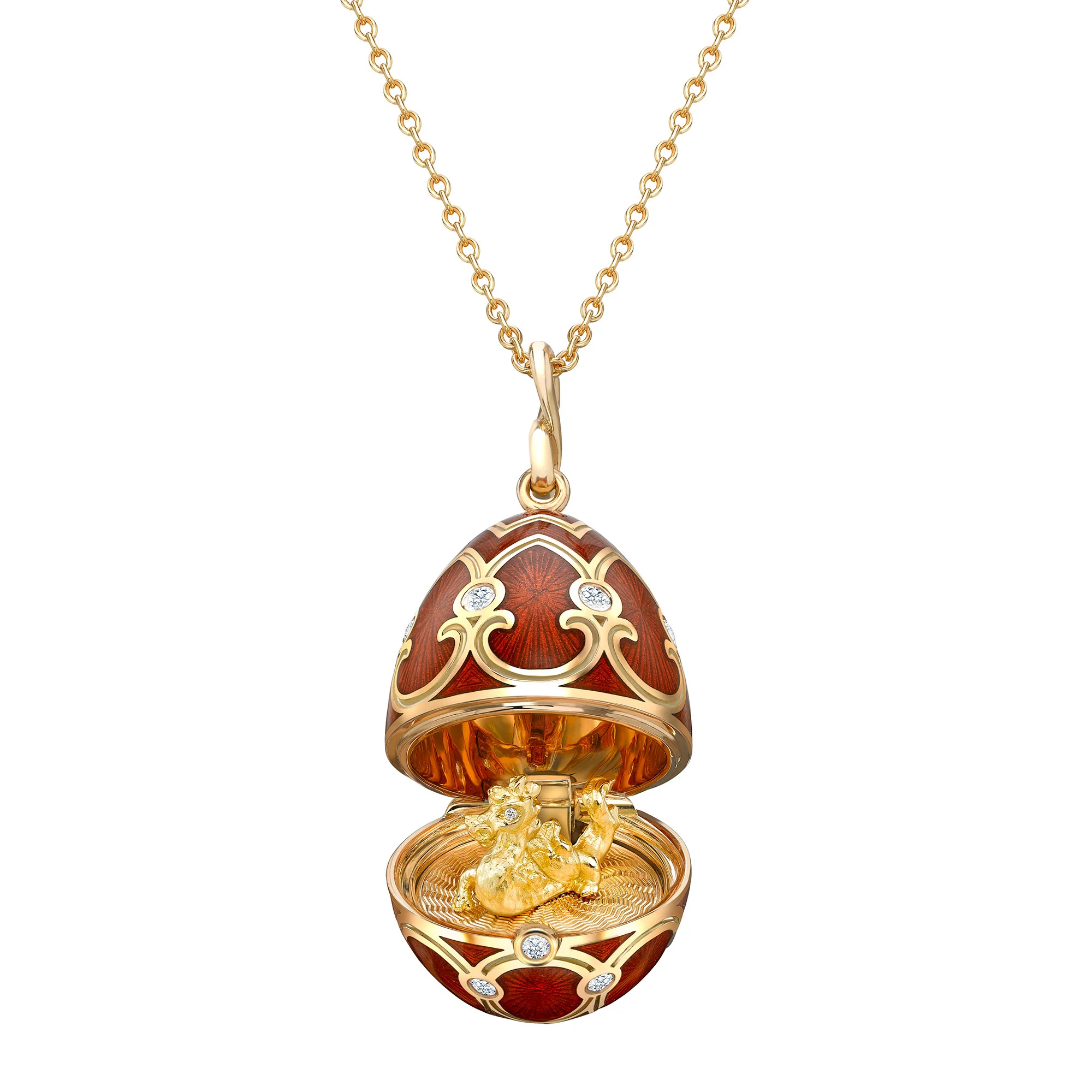 Fabergé Heritage Year of the Dragon Surprise Pendant 18ct Yellow Gold Red Guilloché Enamel