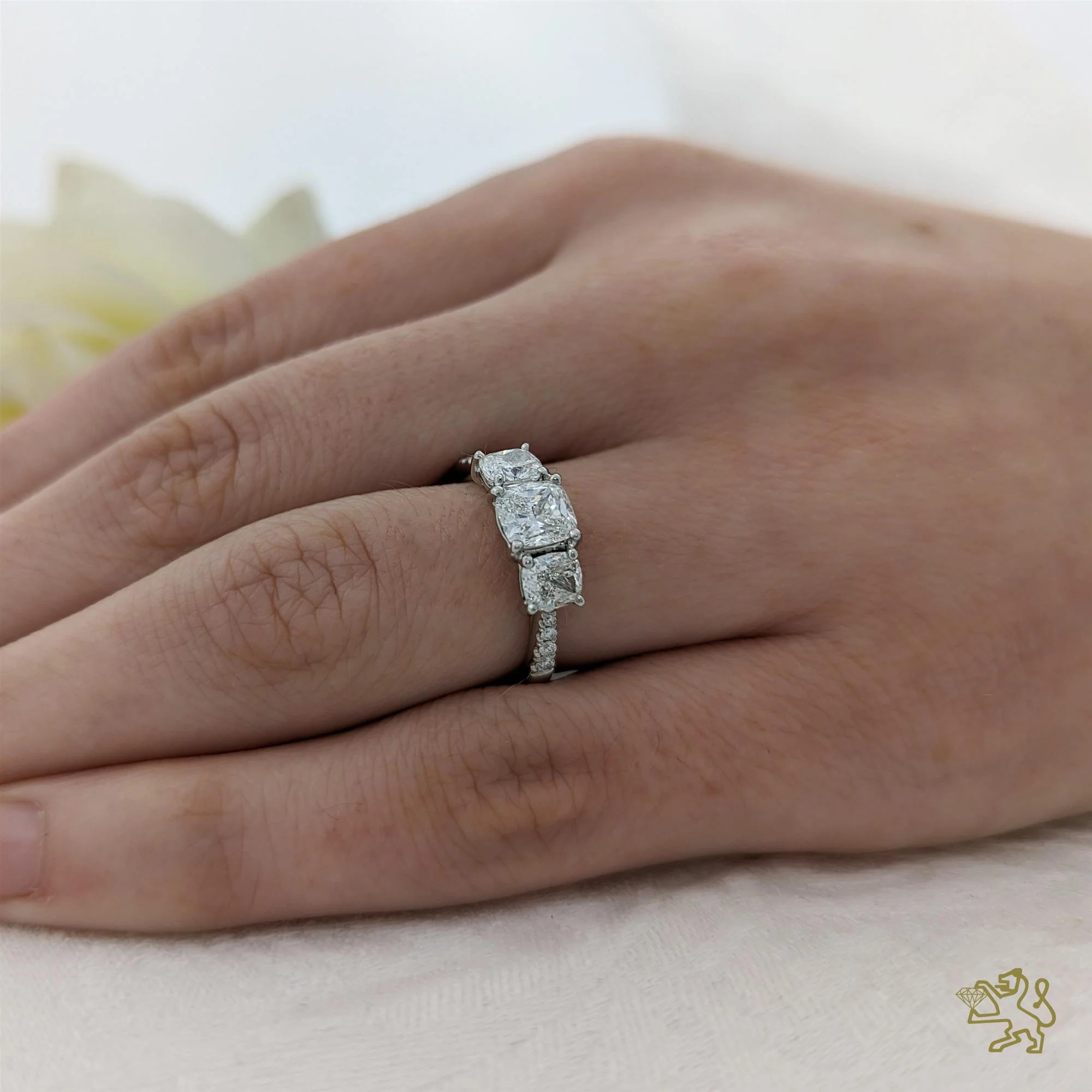 Florentina Skye Cushion Three Stone 1.01ct E SI1 Diamond Platinum Ring - Image 2