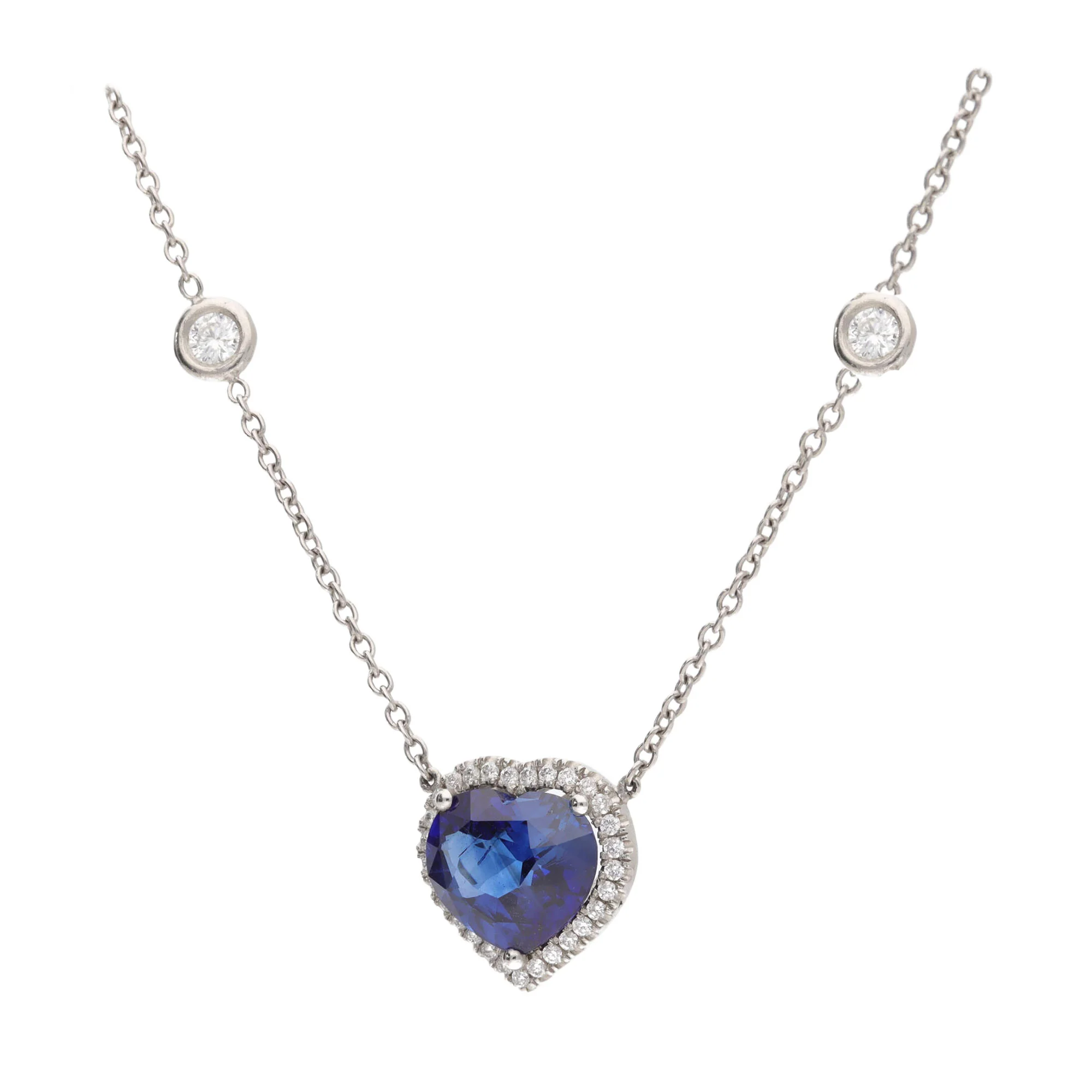 Heart Shape Sapphire and Diamond Platinum Cluster Pendant - Image 2