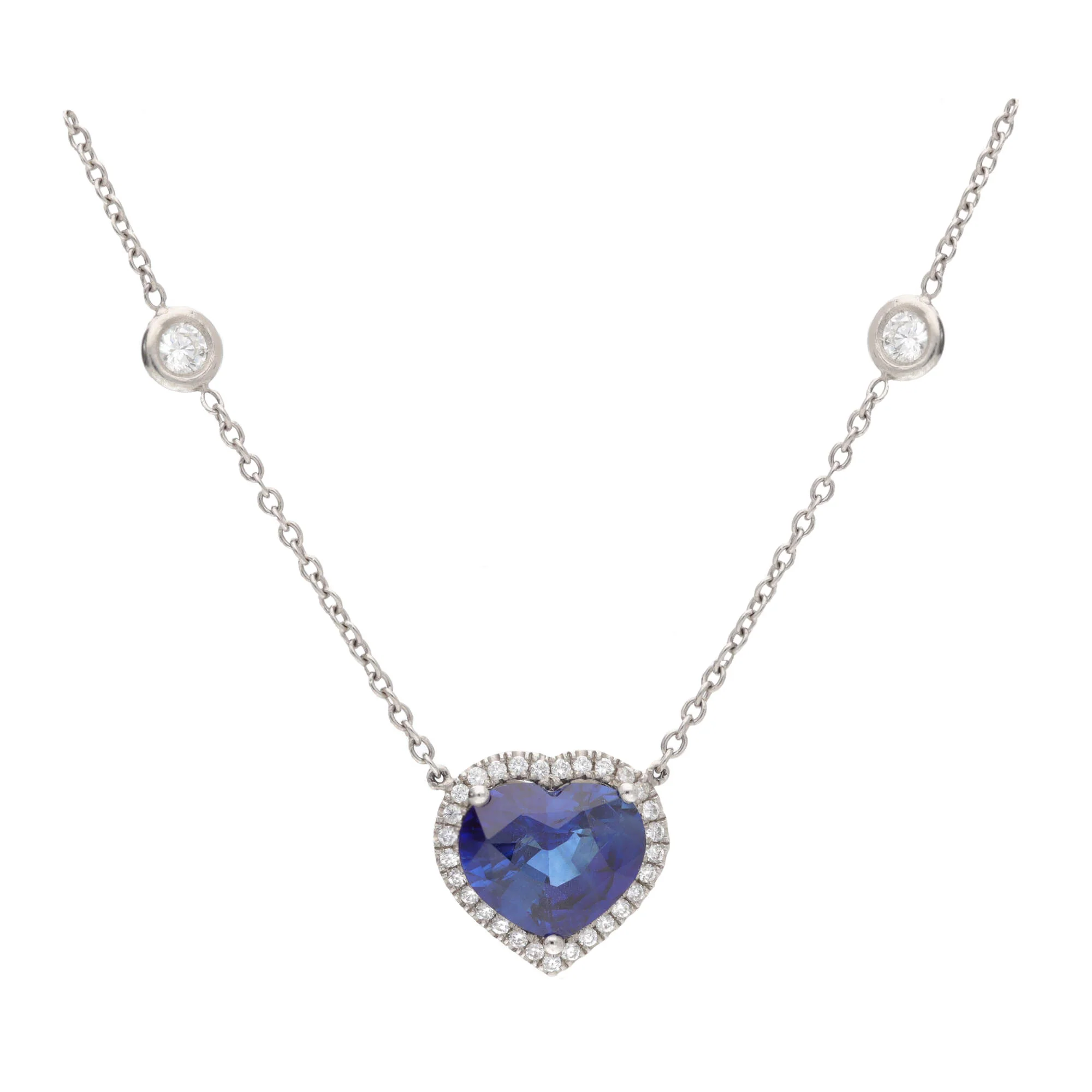 Heart Shape Sapphire and Diamond Platinum Cluster Pendant - Image 3