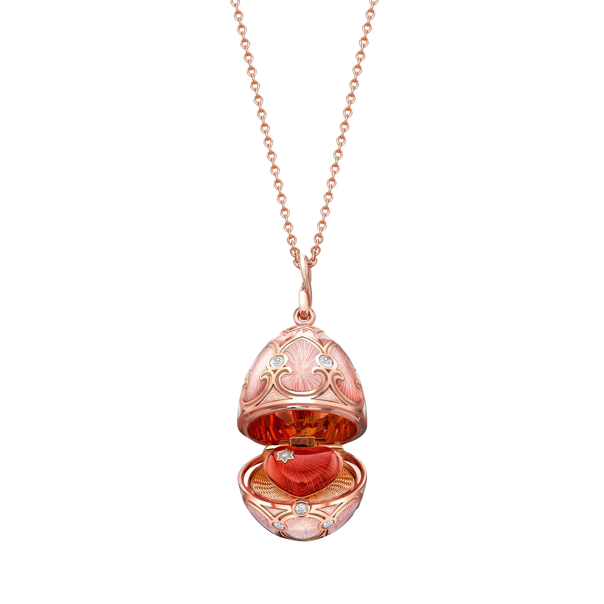 Fabergé Heritage Surprise Heart Pendant 18ct Rose Gold Pink Guilloché Enamel