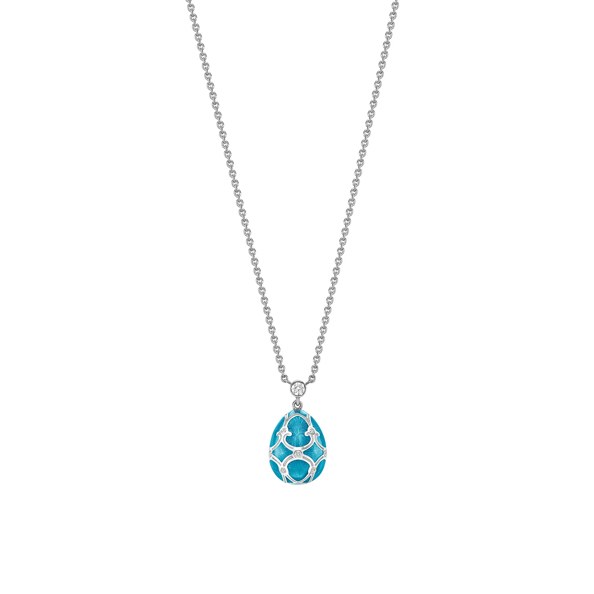 Fabergé Heritage Forever Mini Enamel Egg Pendant 18ct White Gold Teal Guilloché Enamel
