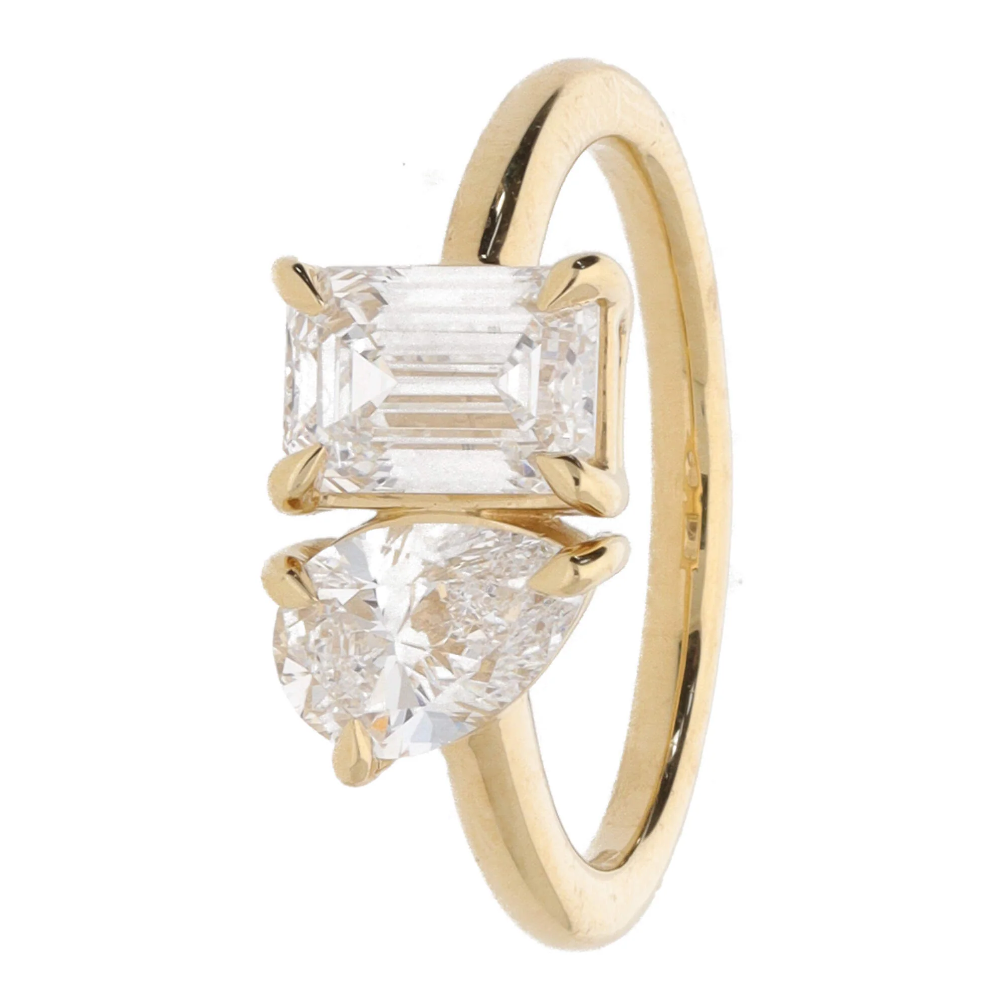 Laboratory Grown 2.10ct Pear and Emerald Cut Diamond 18ct Yellow Gold Toi Et Moi Ring