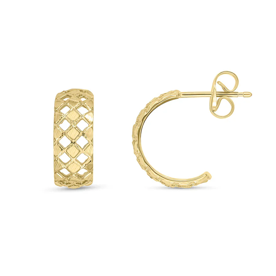 Lattice Effect 9ct Yellow Gold Half Hoop Earrings - Image 2