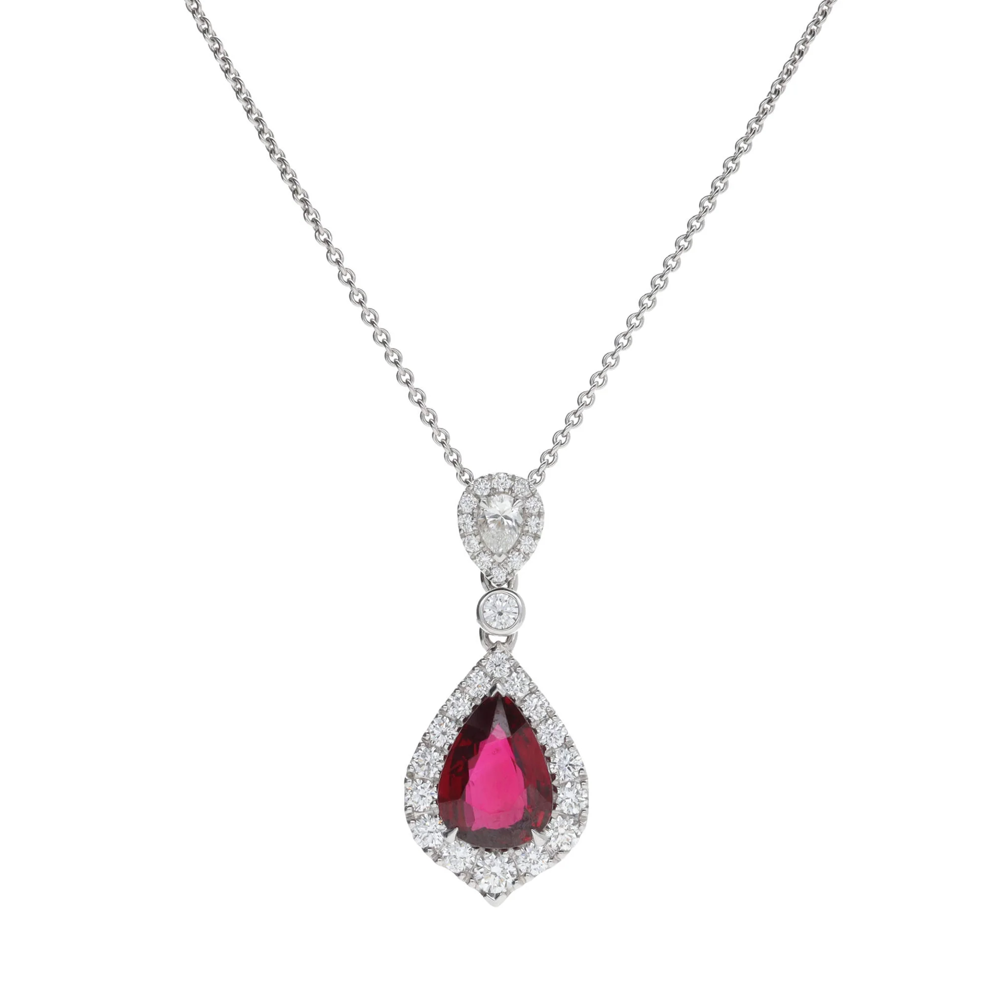 Mozambique Ruby and Diamond 18ct White Gold Pear Cluster Drop Necklace