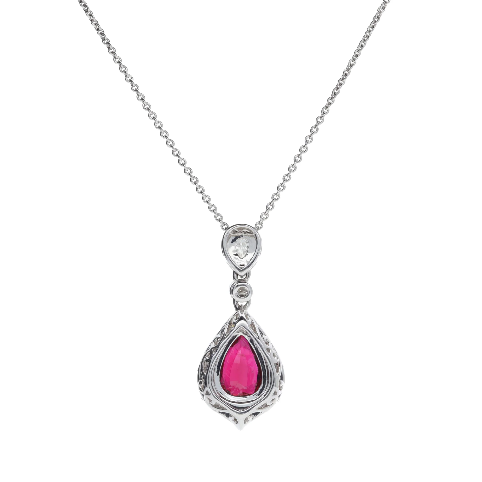 Mozambique Ruby and Diamond 18ct White Gold Pear Cluster Drop Necklace - Image 2