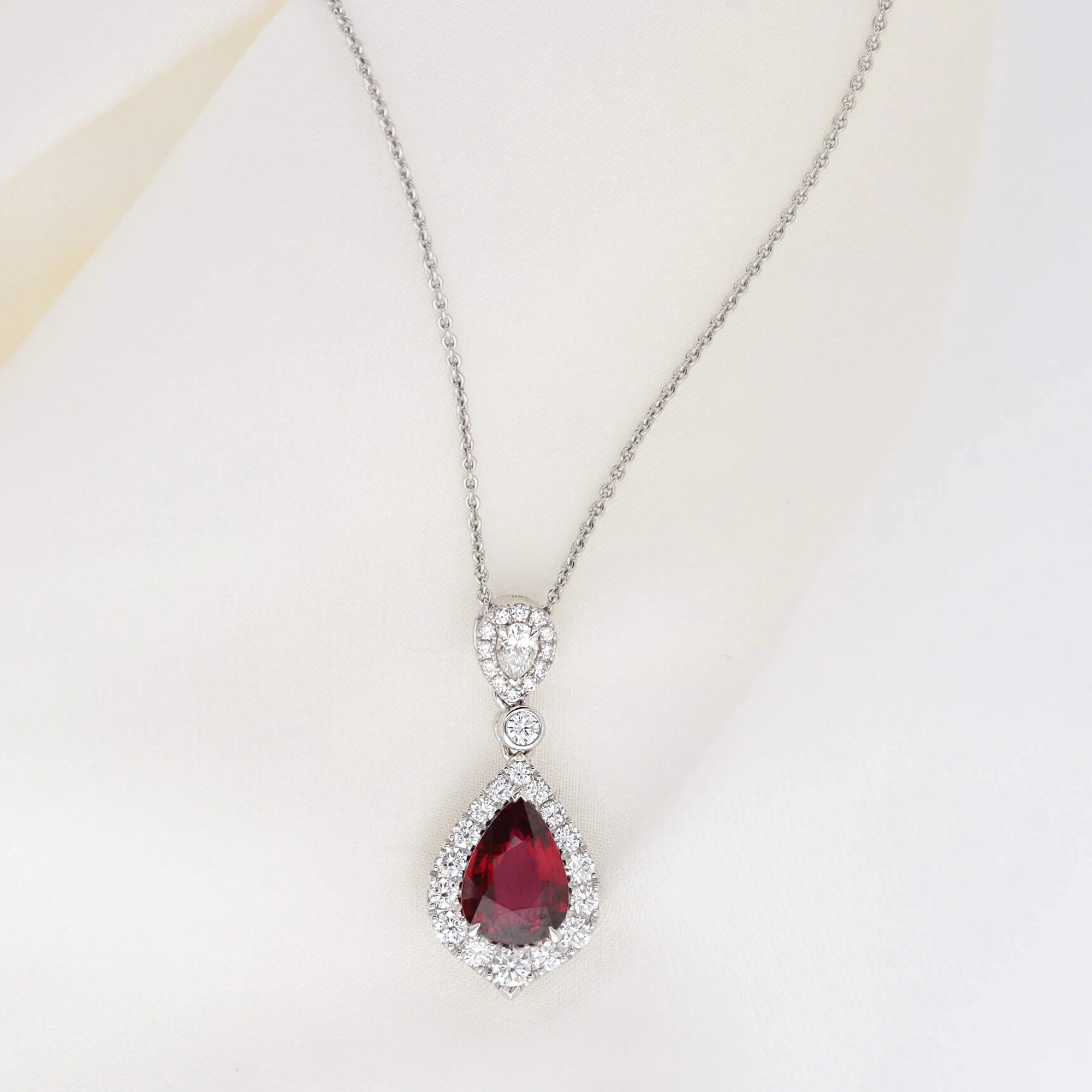 Mozambique Ruby and Diamond 18ct White Gold Pear Cluster Drop Necklace - Image 3