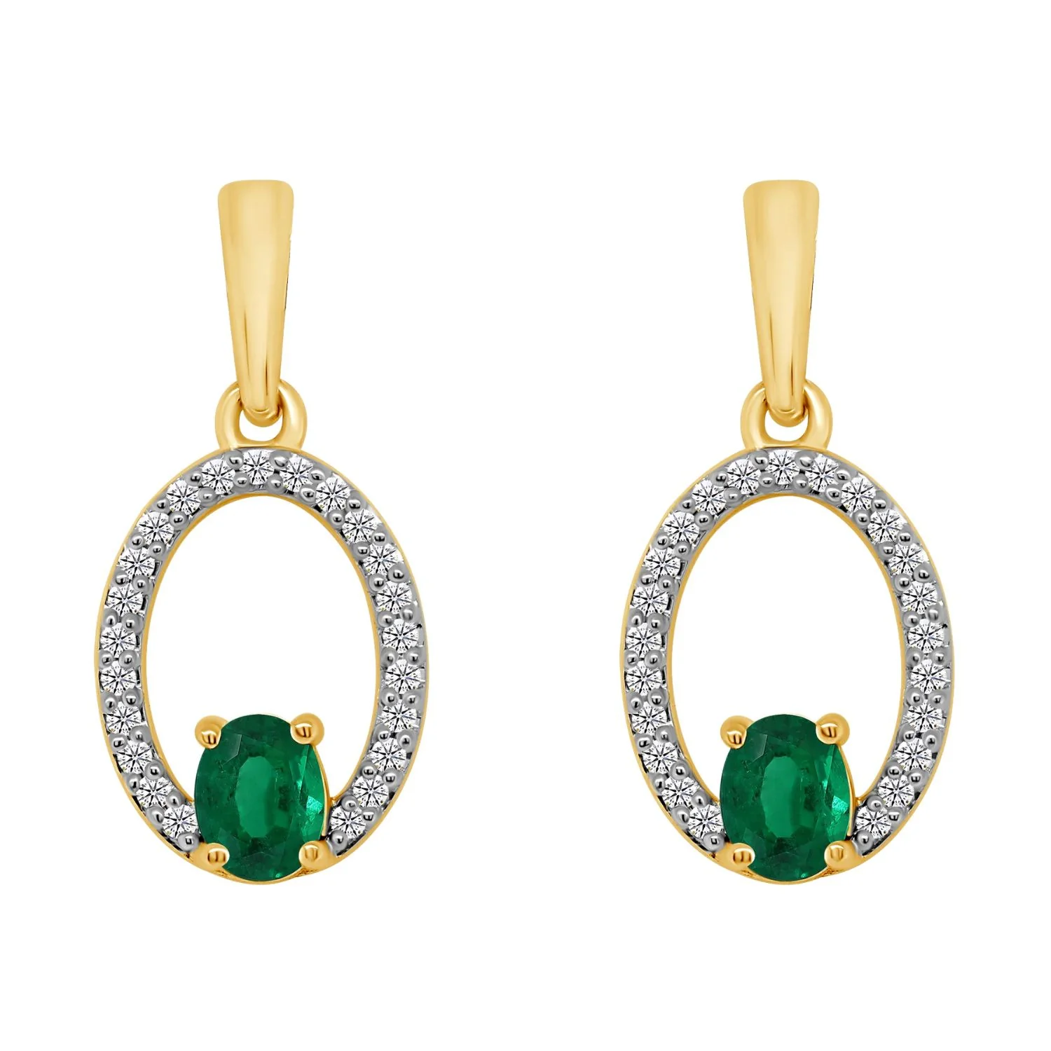 Oval Emerald and Diamond 9ct Yellow Gold Drop Earrings