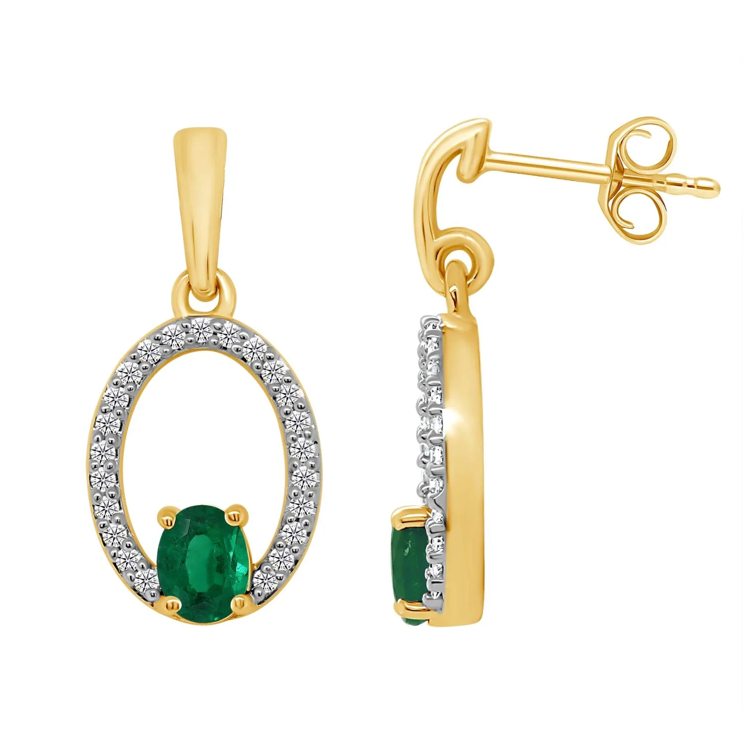 Oval Emerald and Diamond 9ct Yellow Gold Drop Earrings - Image 2