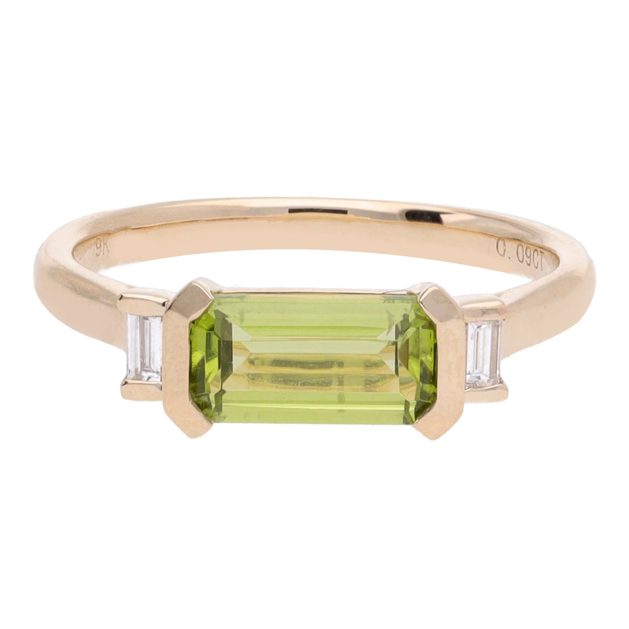Peridot and Diamond Horizontal Set 9ct Yellow Gold Ring - Image 2