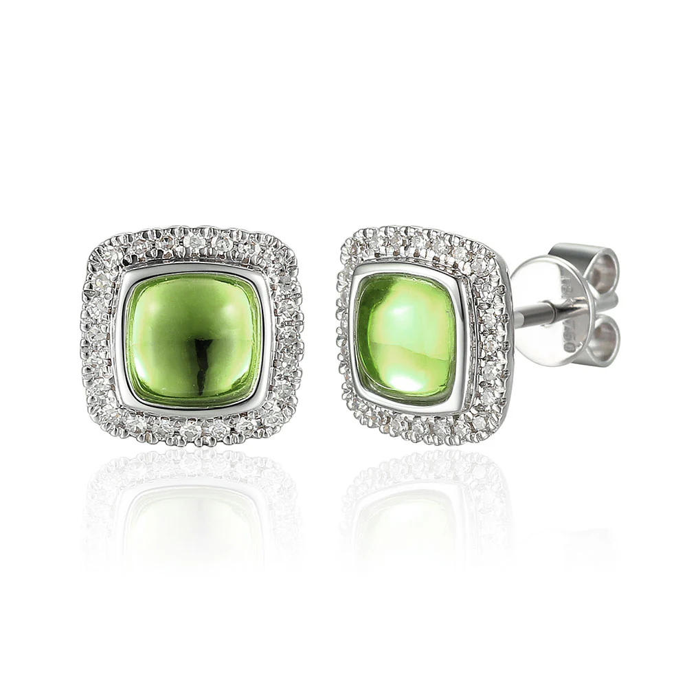Peridot Cabochon Diamond 18ct White Gold Stud Earrings